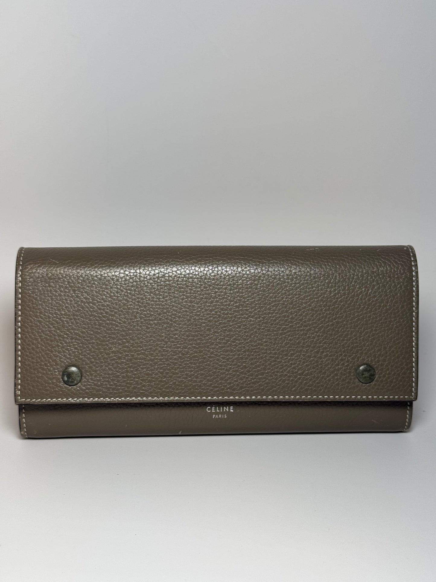 Celine Large Flap Multifunction Wallet Grey Grained Leather Luxury Made In Italy
