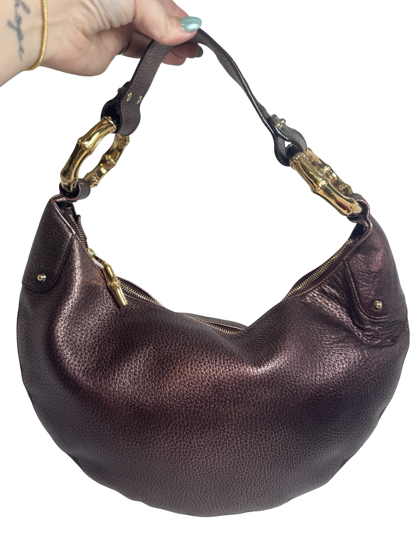 Gucci Bamboo Ring Metallic Purple Leather Shoulder Bag Crescent Hobo Bag