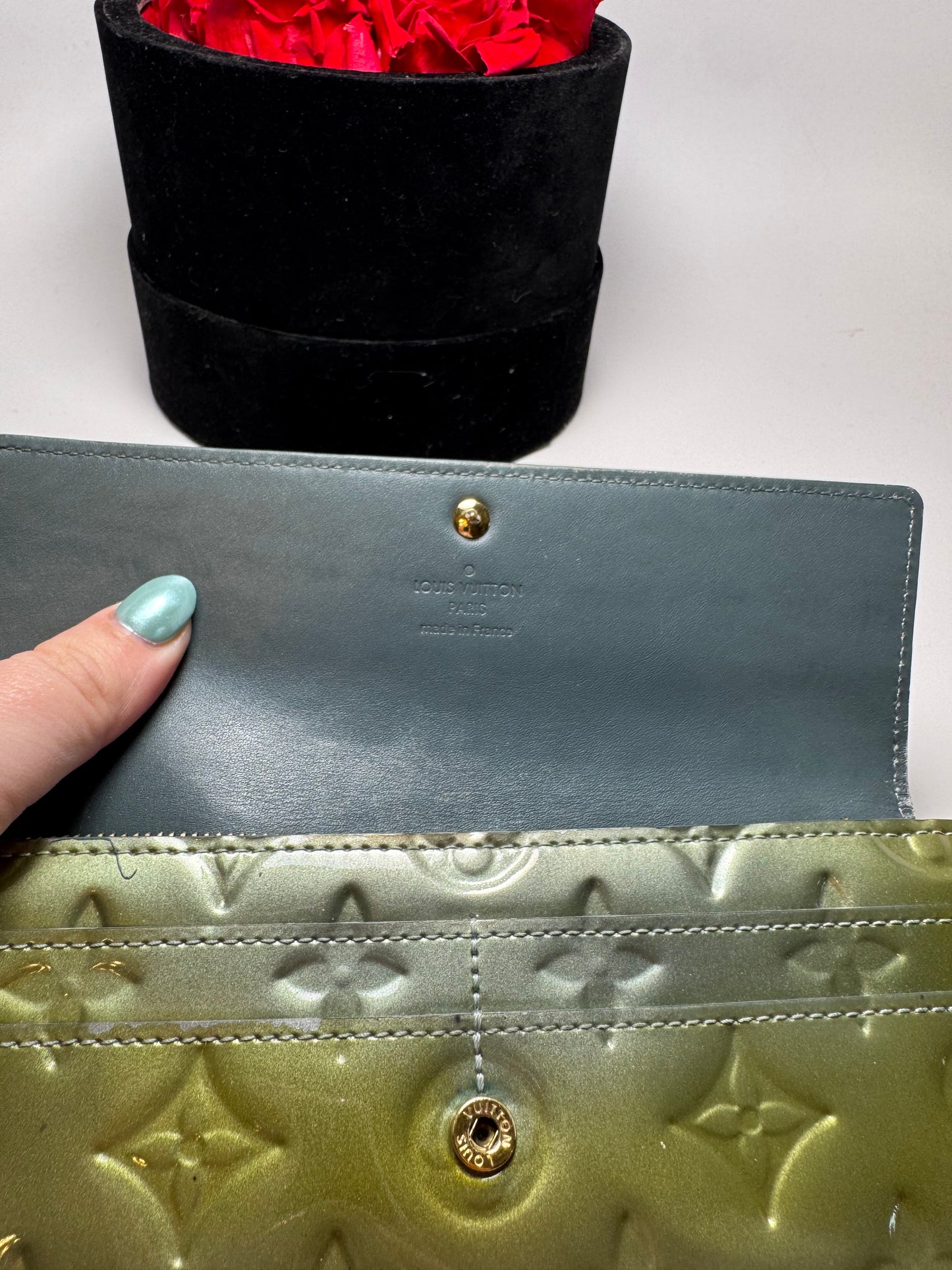 Louis Vuitton Moss Green Vernis Leather Wallet w/Blue Interior
