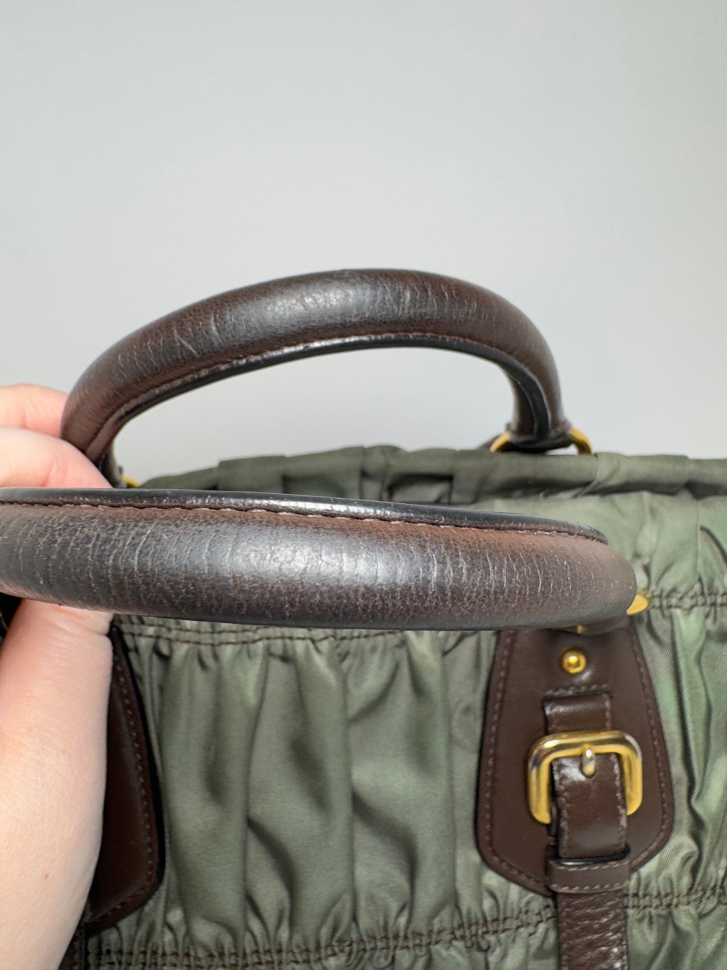 Prada Tessuto Gaufre Olive Green & Brown Leather Satchel/Crossbody