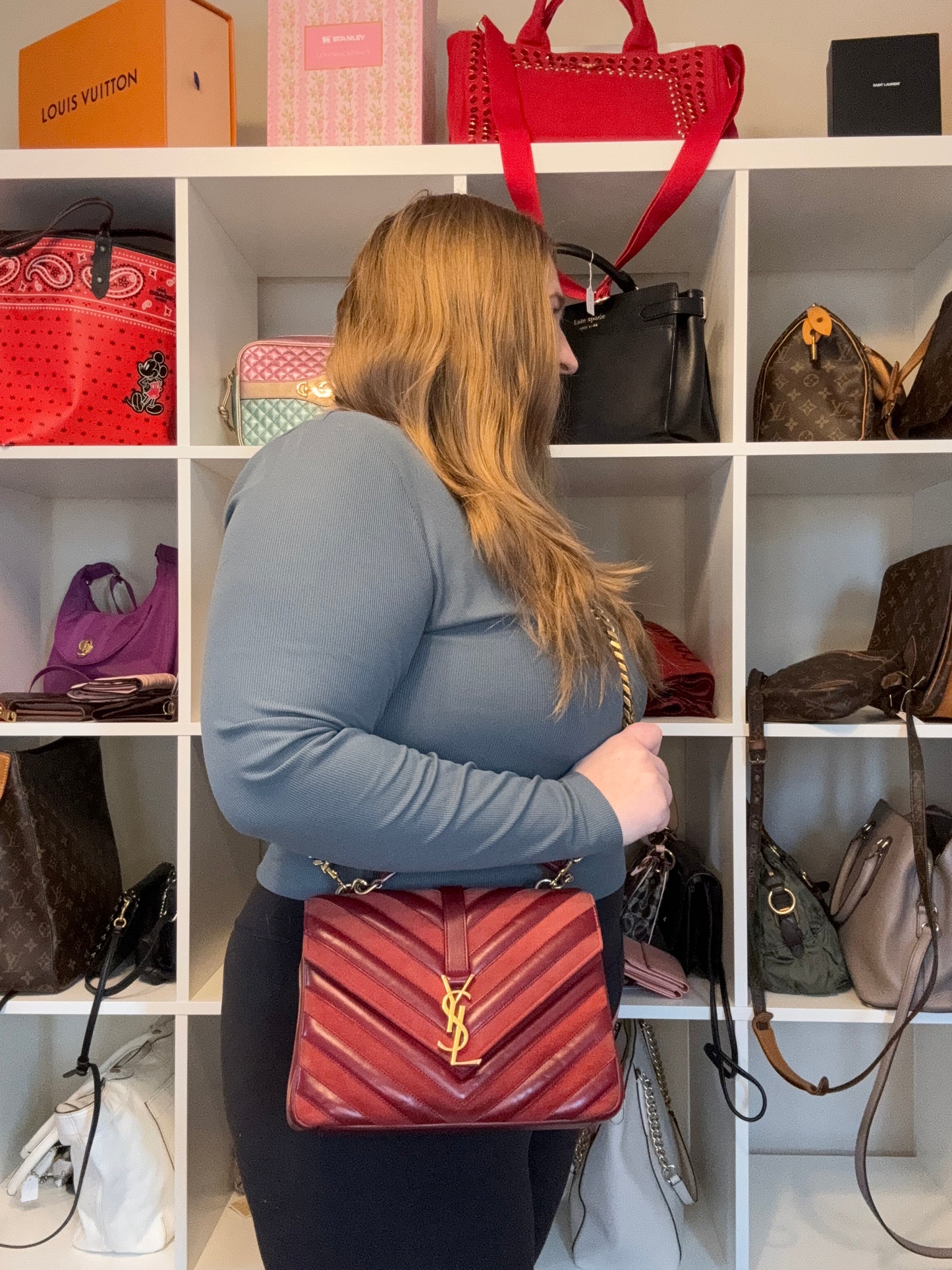 Saint Laurent YSL Red Suede & Leather Matelassé Chevron Medium College Bag Gold