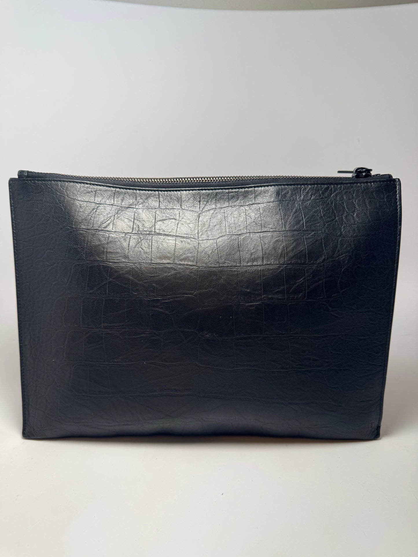 Saint Laurent Crocodile Embossed Black Leather Clutch