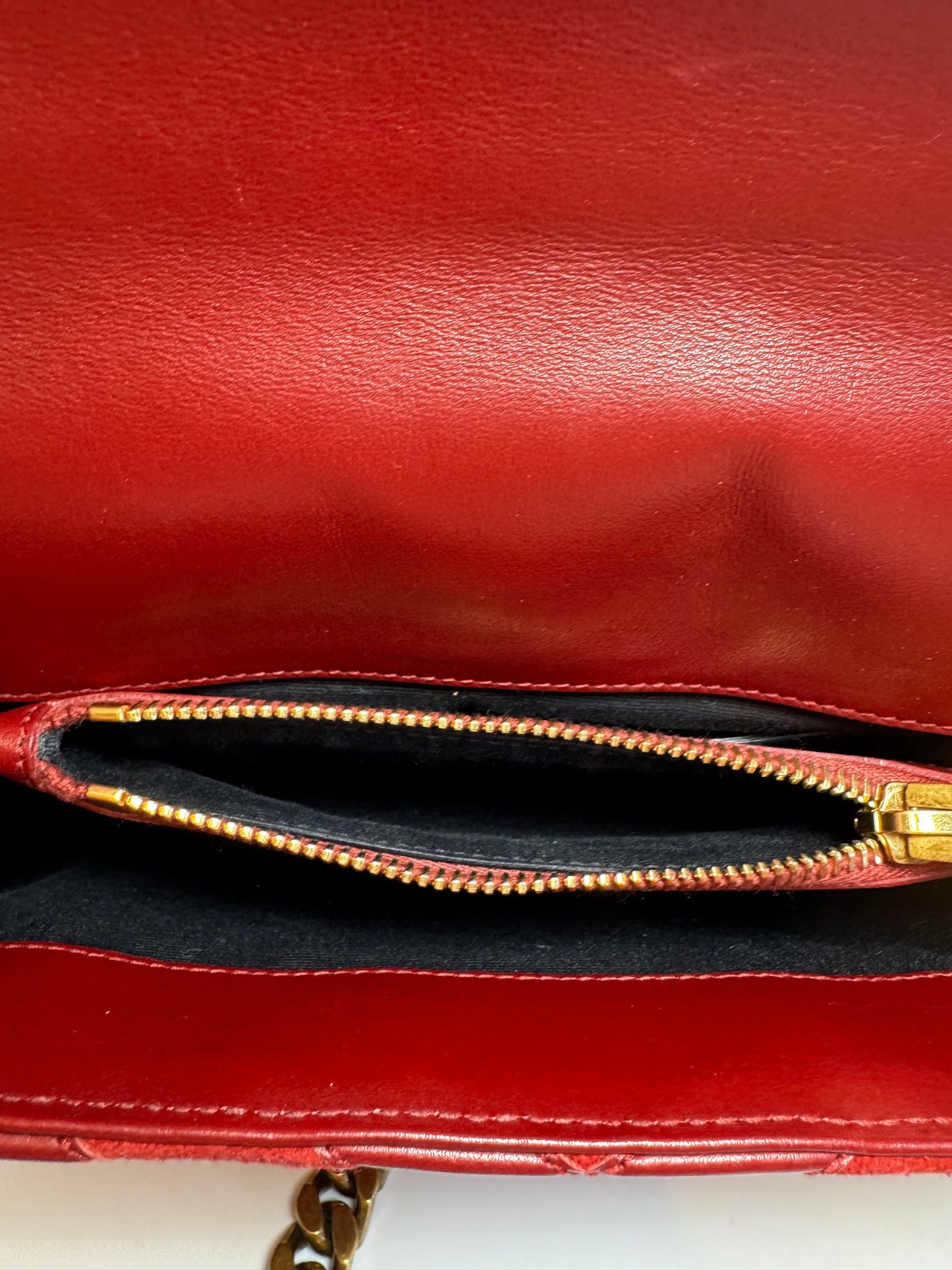 Saint Laurent YSL Red Suede & Leather Matelassé Chevron Medium College Bag Gold