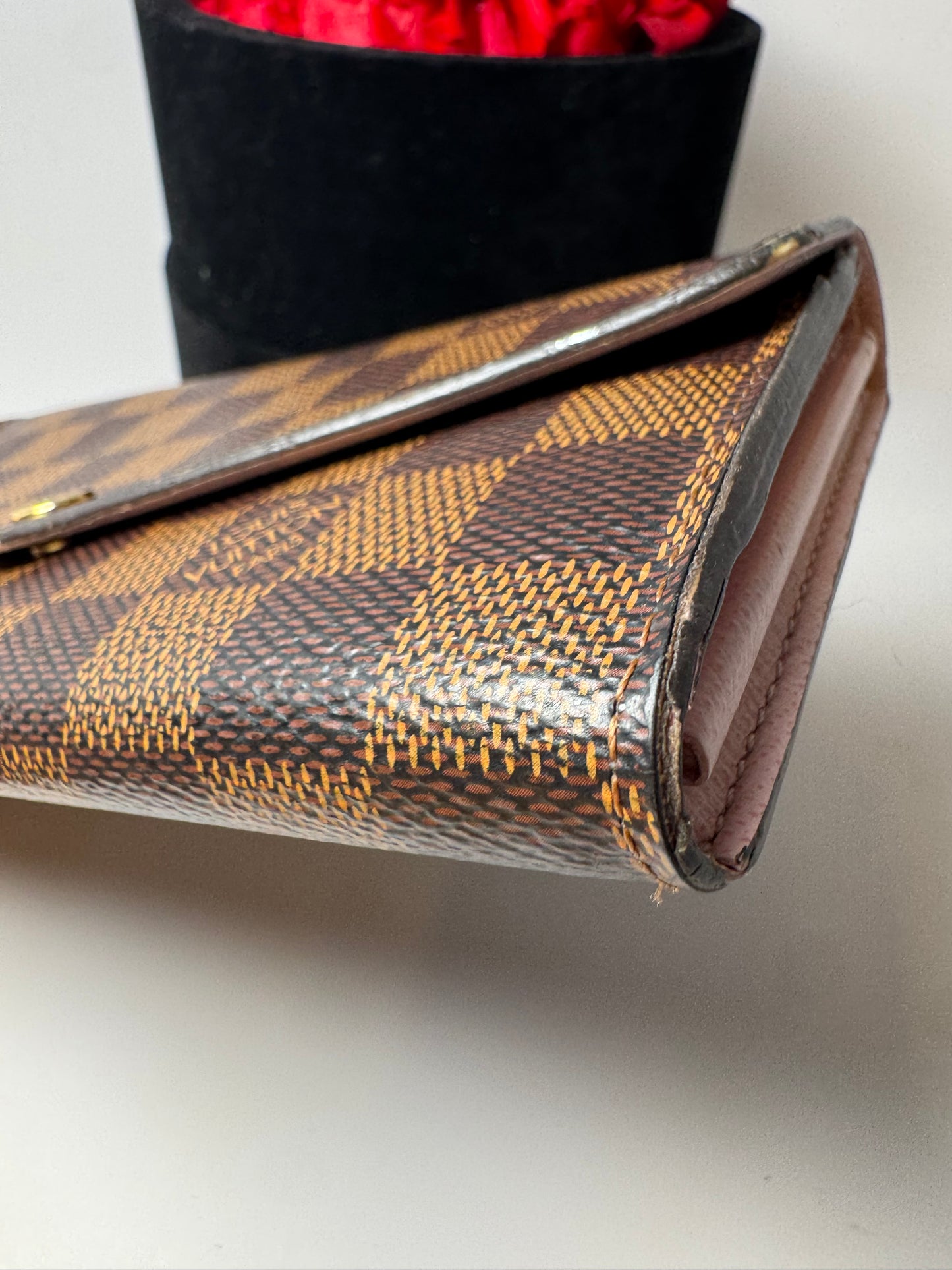 Louis Vuitton Damier Ebene Sarah Wallet w/Ballerine Pink Interior