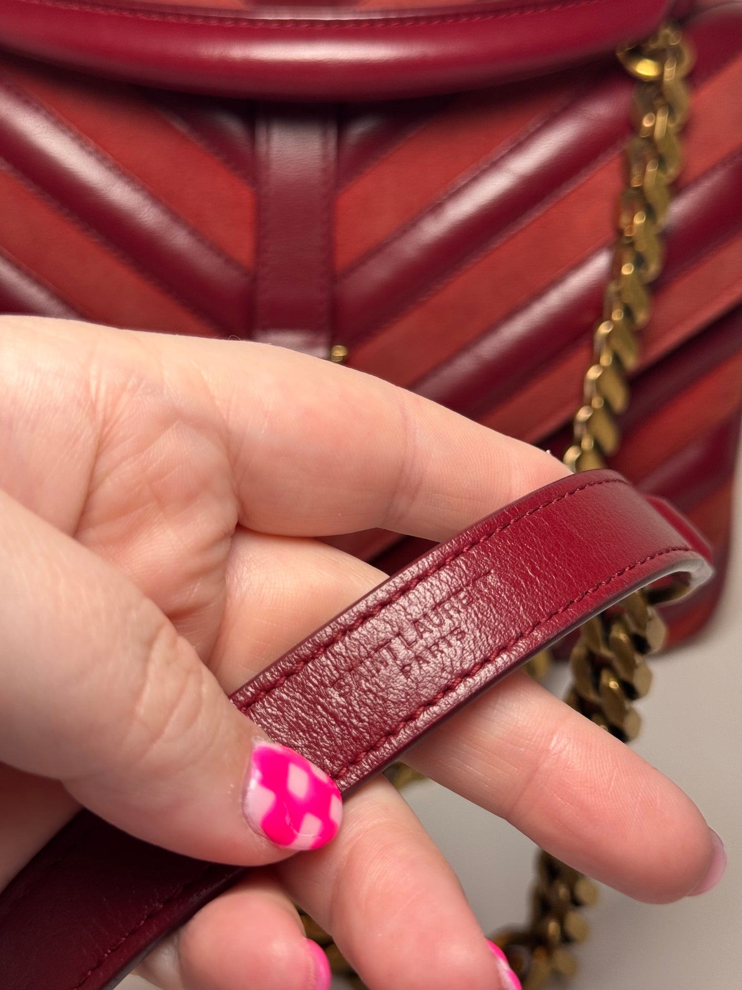 Saint Laurent YSL Red Suede & Leather Matelassé Chevron Medium College Bag Gold