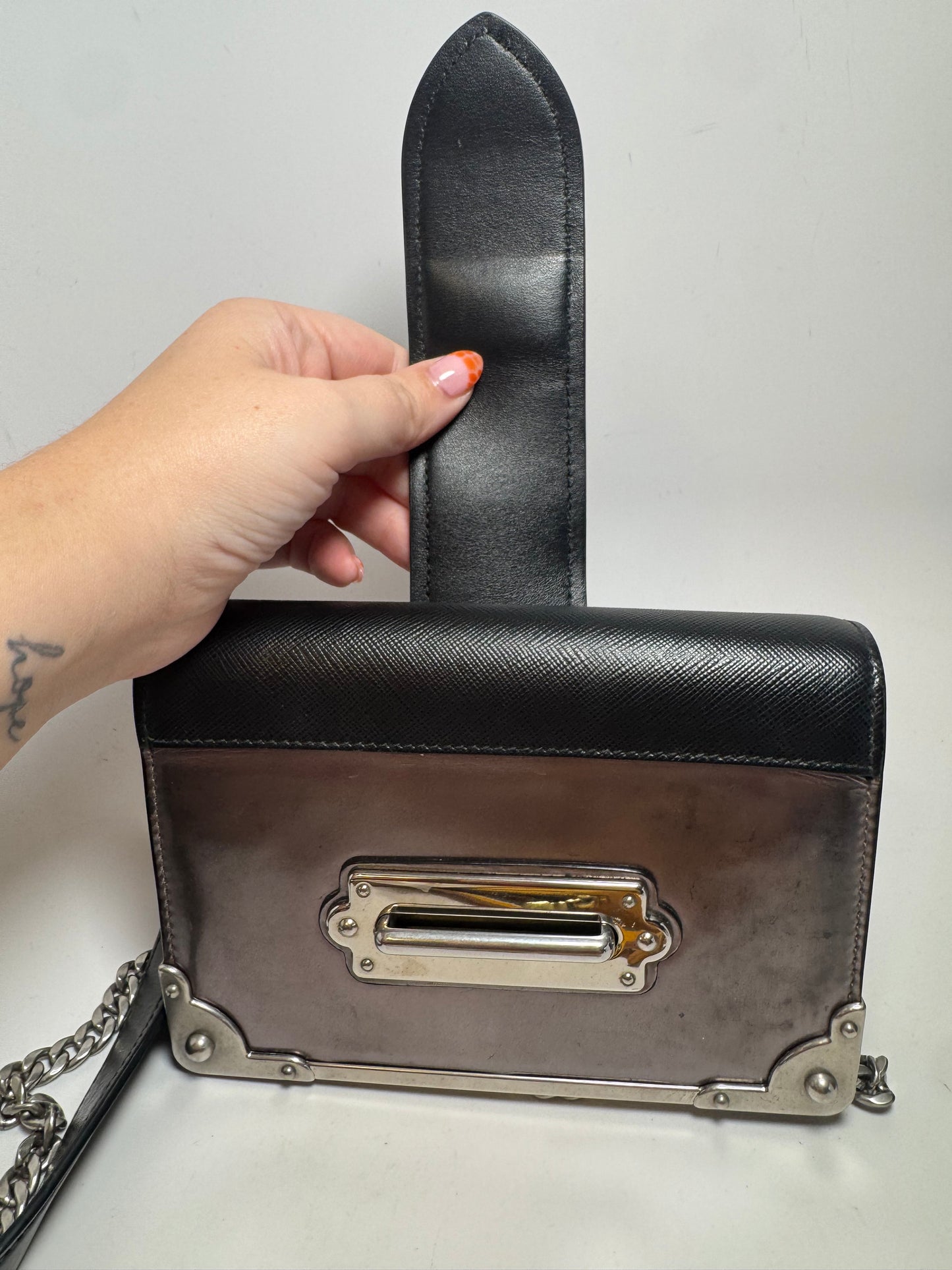 Prada Metallic Vitello Saffiano Cahier Bag Ferro Black Crossbody