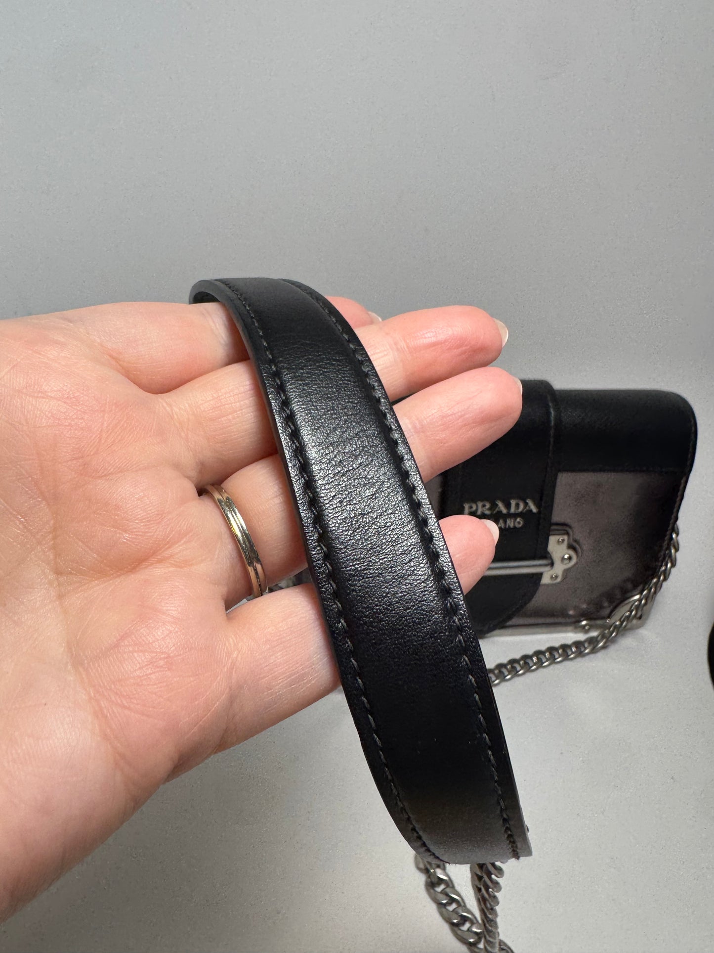 Prada Metallic Vitello Saffiano Cahier Bag Ferro Black Crossbody