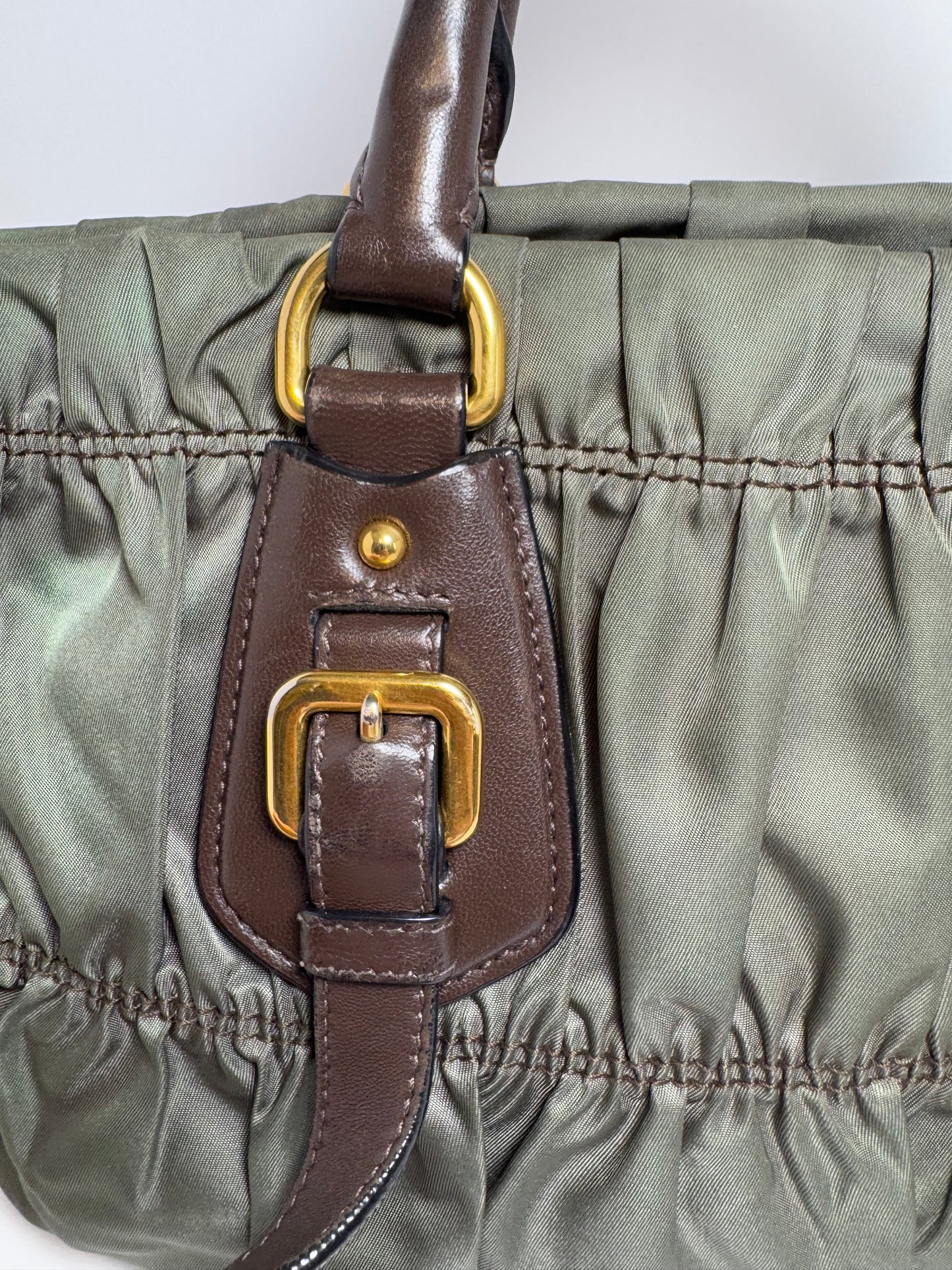 Prada Tessuto Gaufre Olive Green & Brown Leather Satchel/Crossbody
