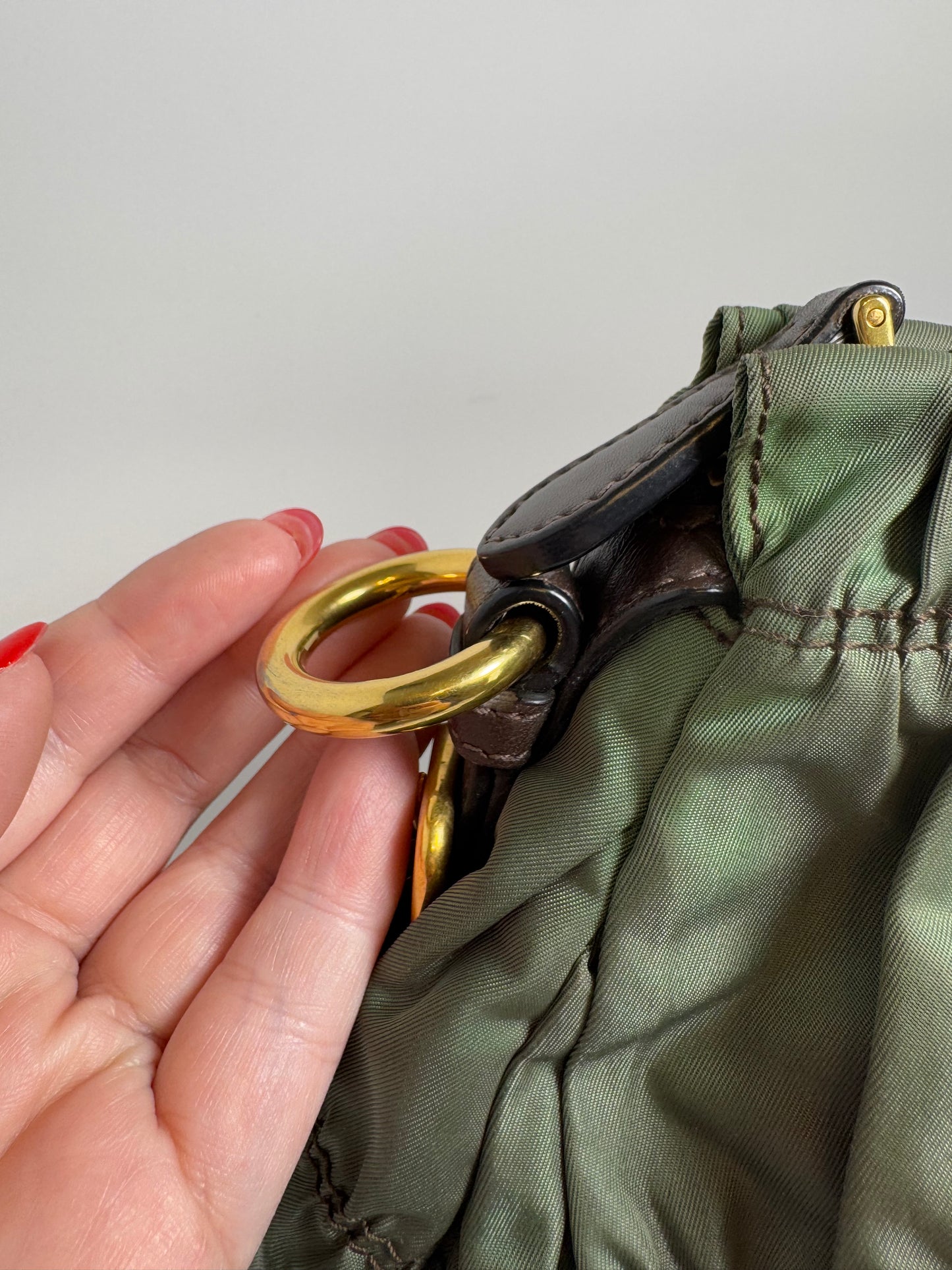 Prada Tessuto Gaufre Olive Green & Brown Leather Satchel/Crossbody