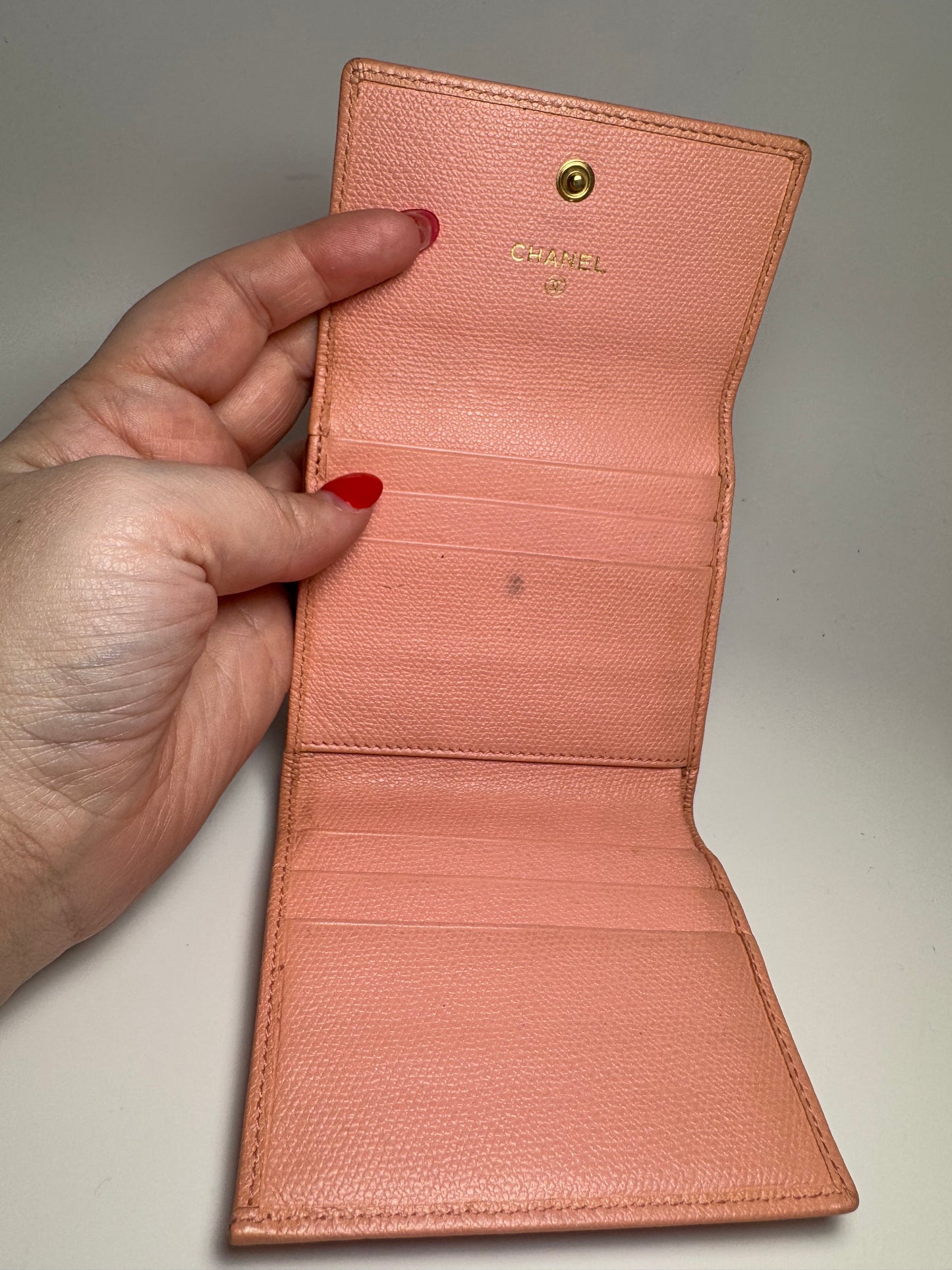 Chanel Vintage Button Line Pink Snap Compact Wallet Coco Mark Trifold