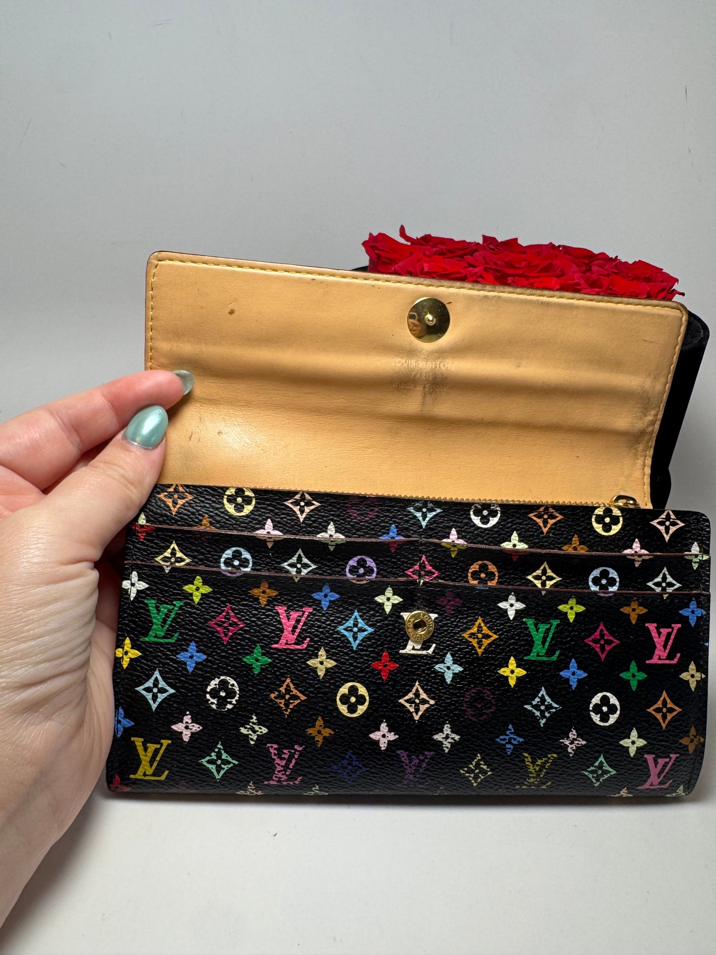 Louis Vuitton Black Multicolor Sarah Wallet Murakami Piece Fair Condition