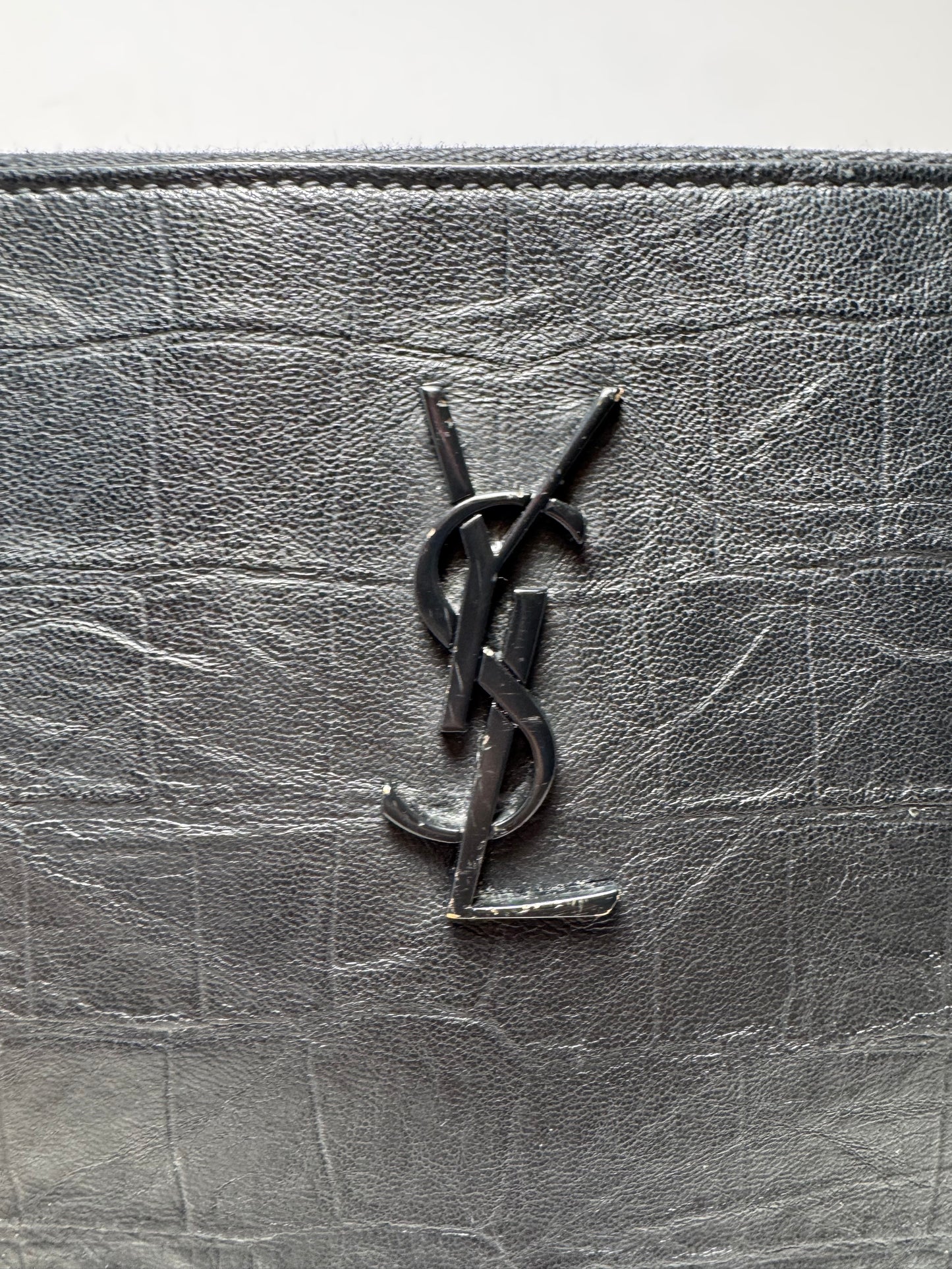 Saint Laurent Crocodile Embossed Black Leather Clutch