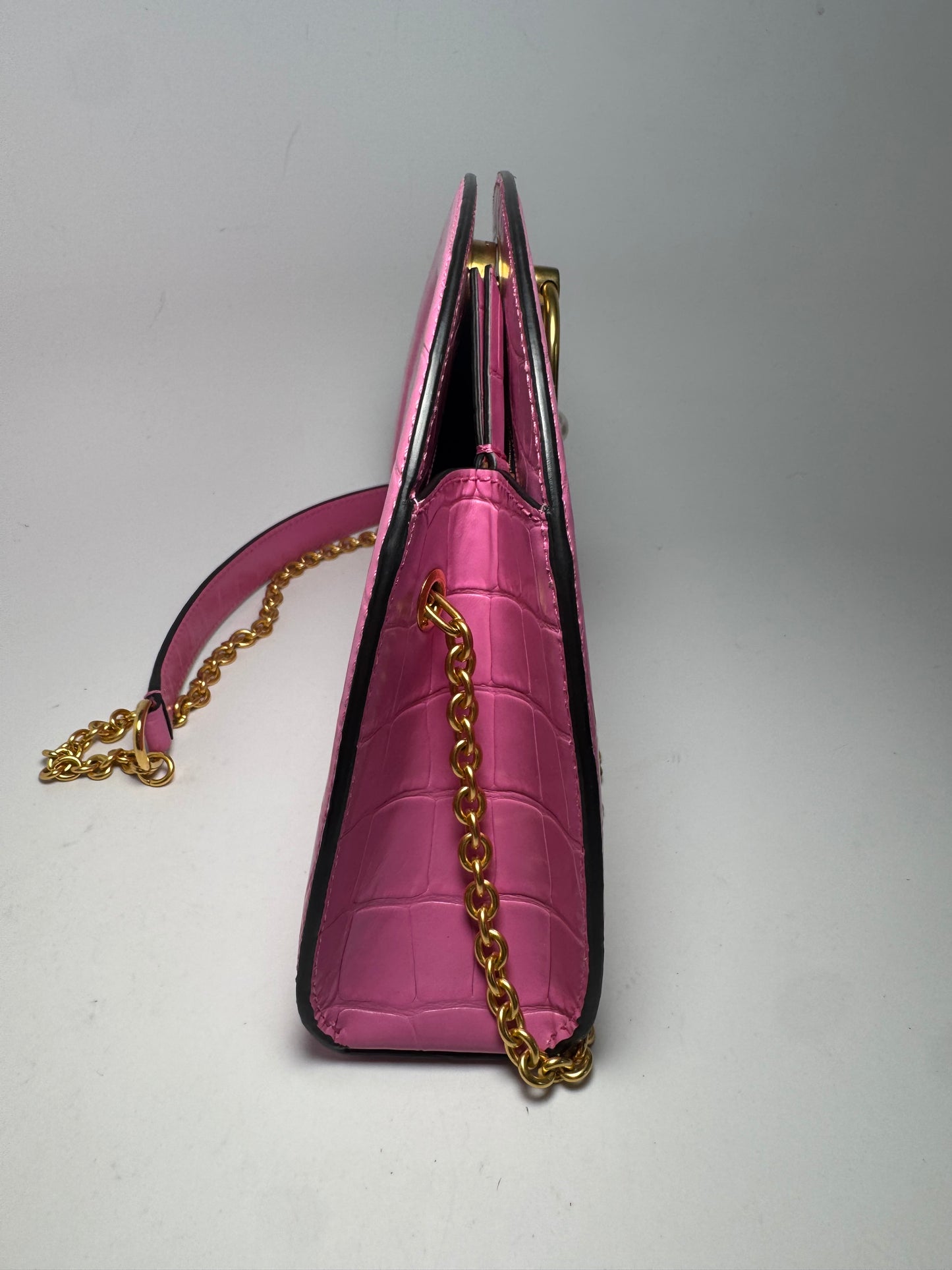 Mulberry Crocodile Embossed Calfskin Crescent Clutch Pink Pearl Shoulder Bag