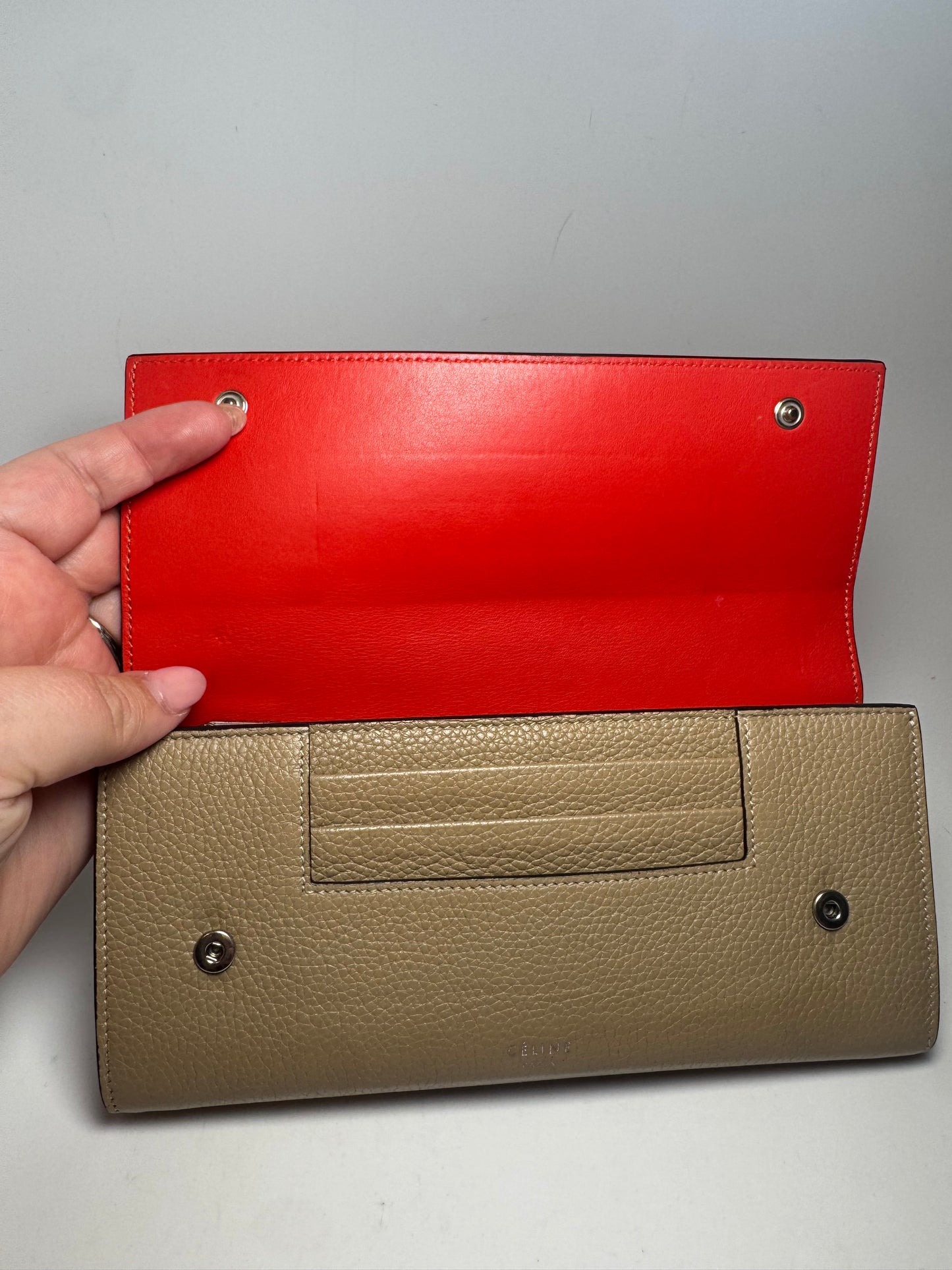 Celine Large Flap Multifunction Wallet Taupe Pebbled Leather Made in Italy