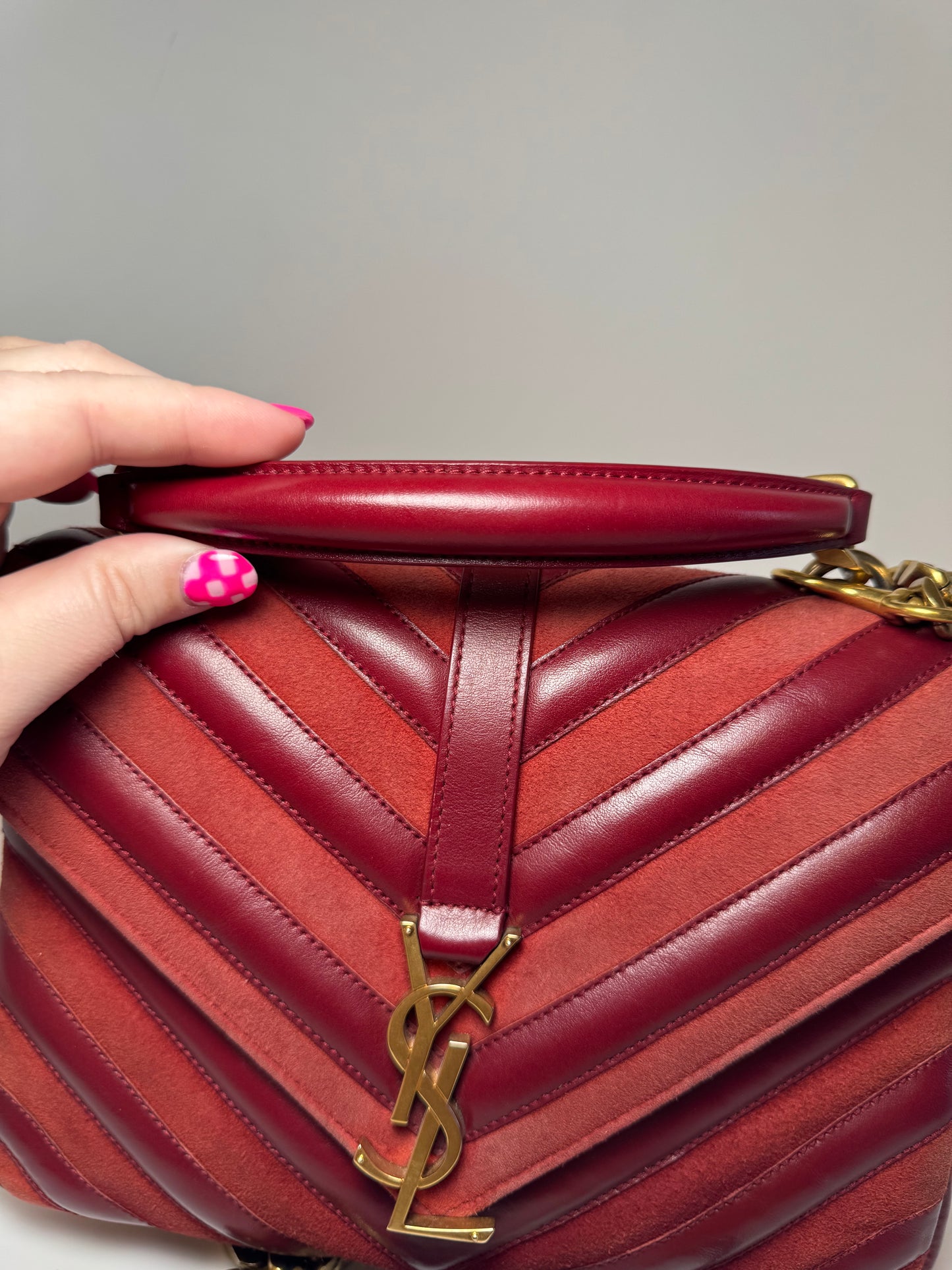 Saint Laurent YSL Red Suede & Leather Matelassé Chevron Medium College Bag Gold