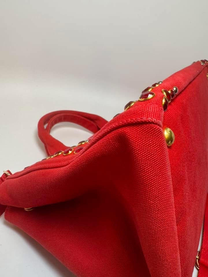 Prada Crystals Canapa Tote Large Red Rosso w/Crossbody Strap