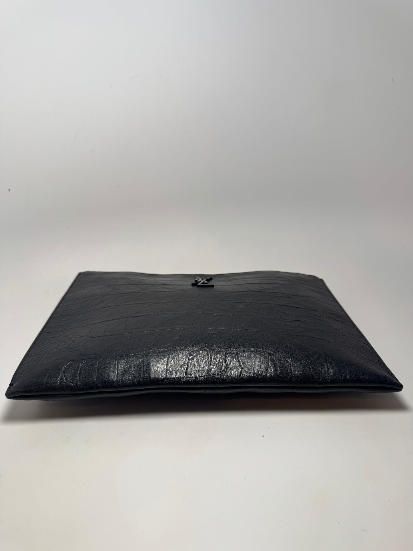 Saint Laurent Crocodile Embossed Black Leather Clutch