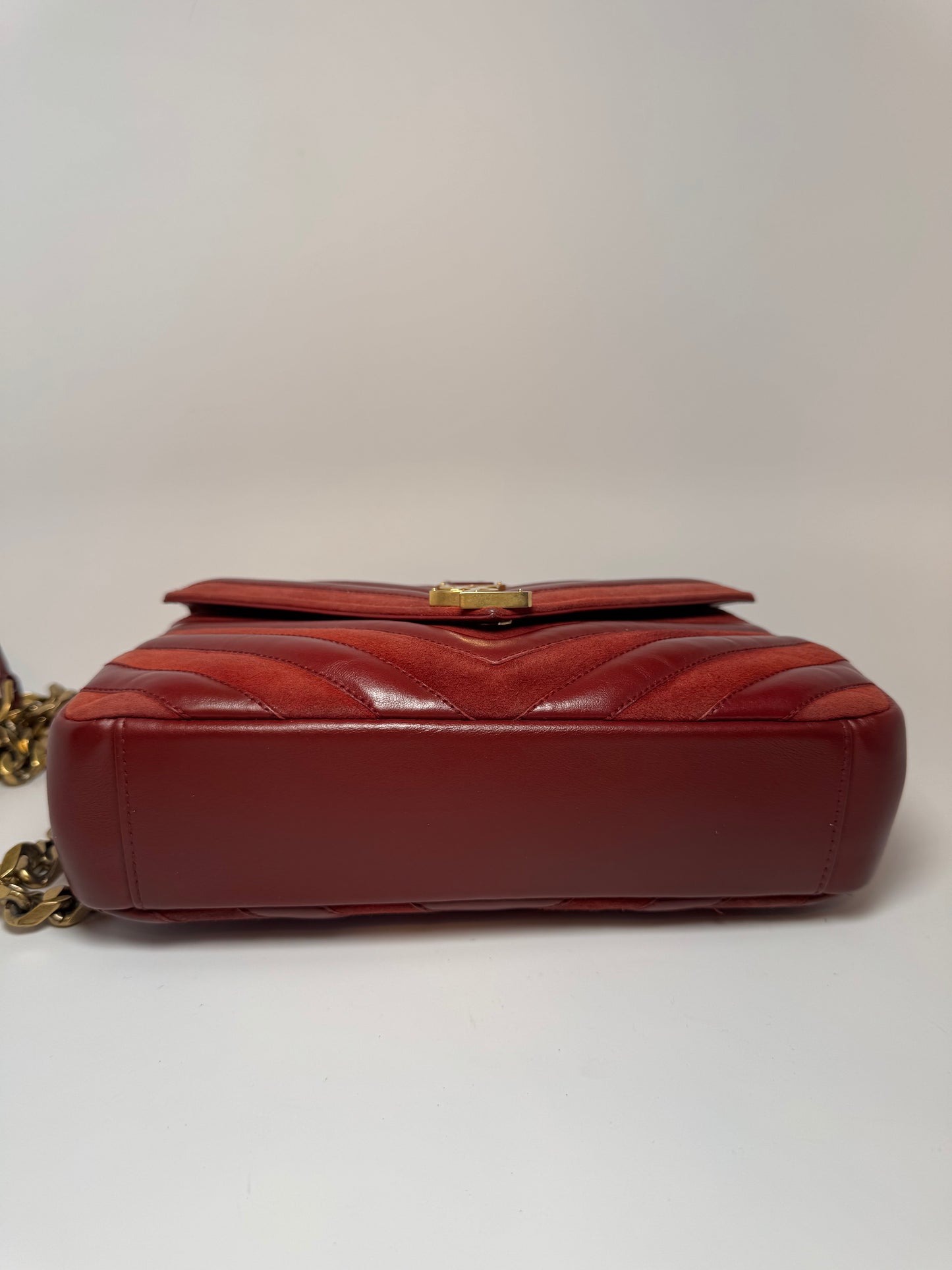 Saint Laurent YSL Red Suede & Leather Matelassé Chevron Medium College Bag Gold