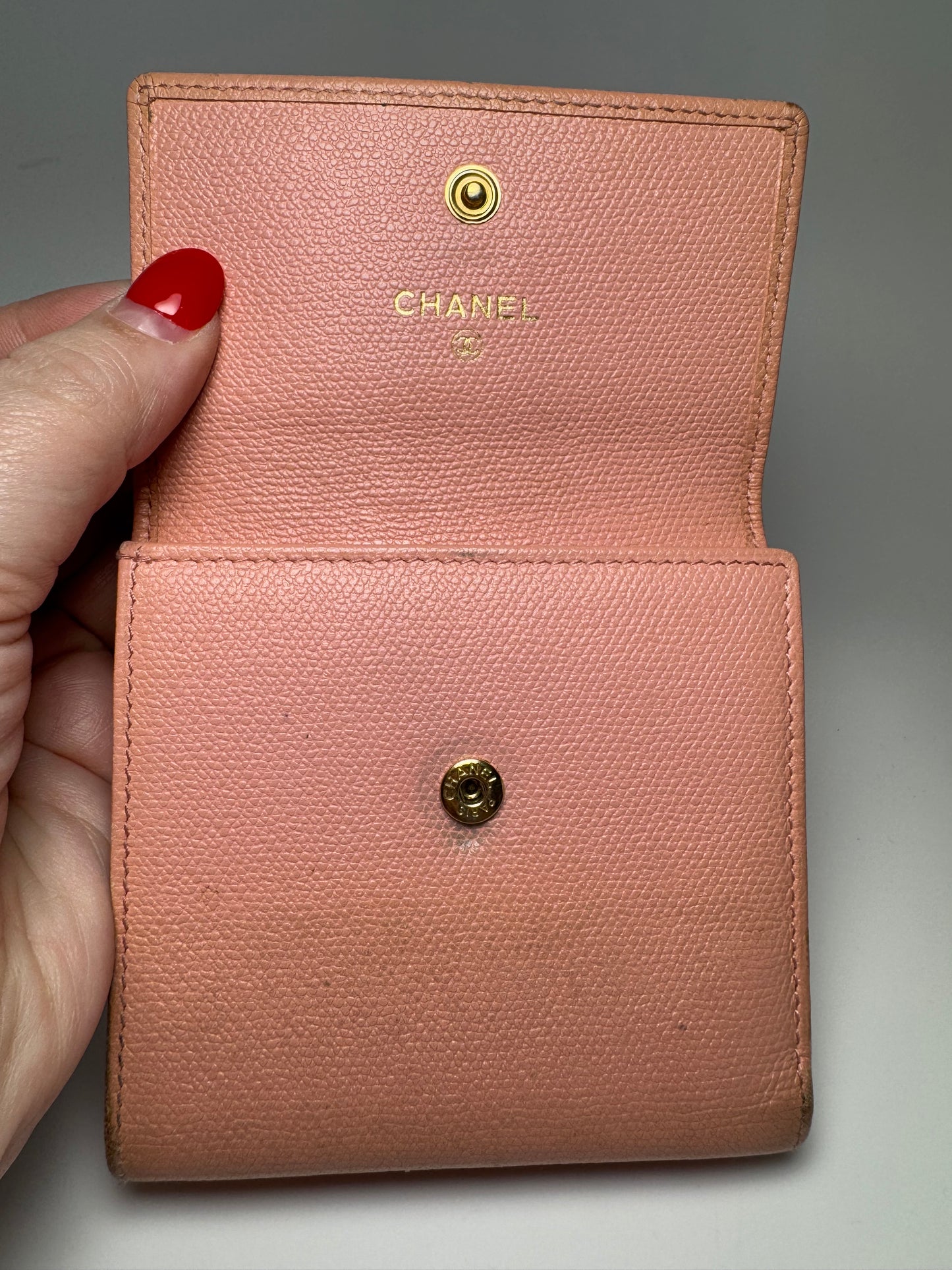 Chanel Vintage Button Line Pink Snap Compact Wallet Coco Mark Trifold