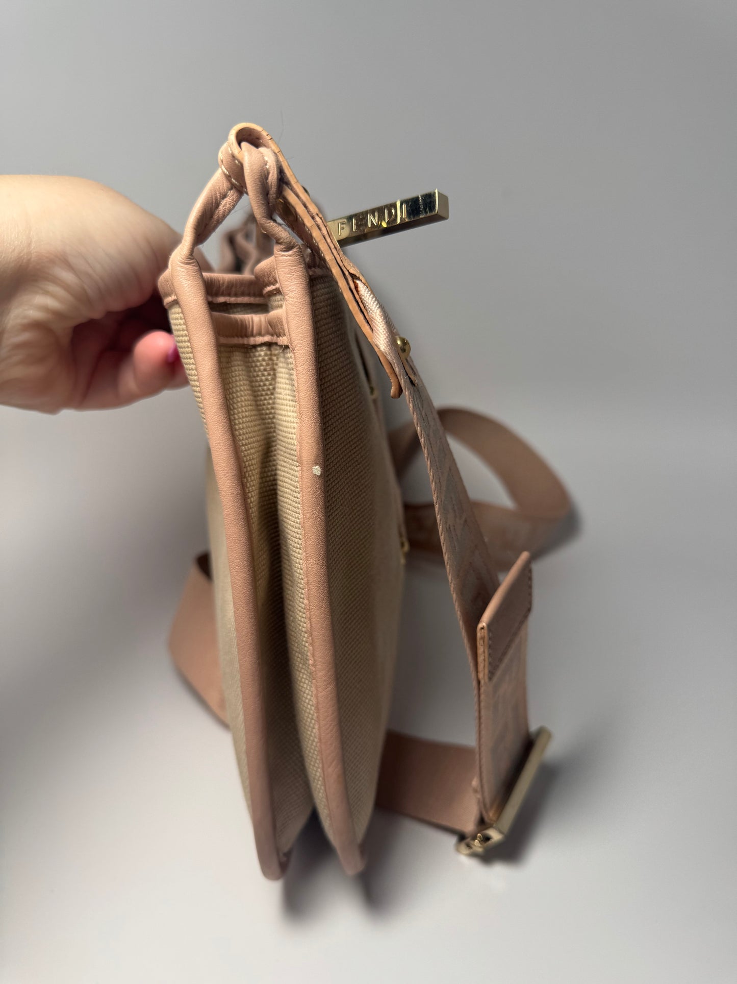 Fendi Zucca Pink & Khaki Crossbody w/Monogram Strap