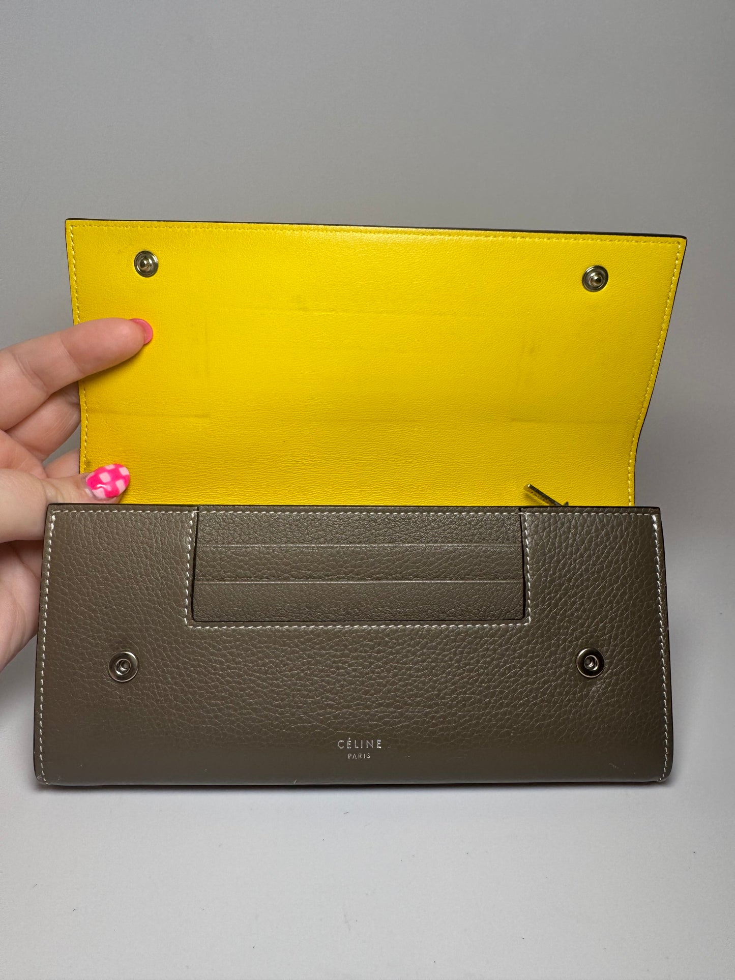 Celine Large Flap Multifunction Wallet Grey Grained Leather Luxury Made In Italy