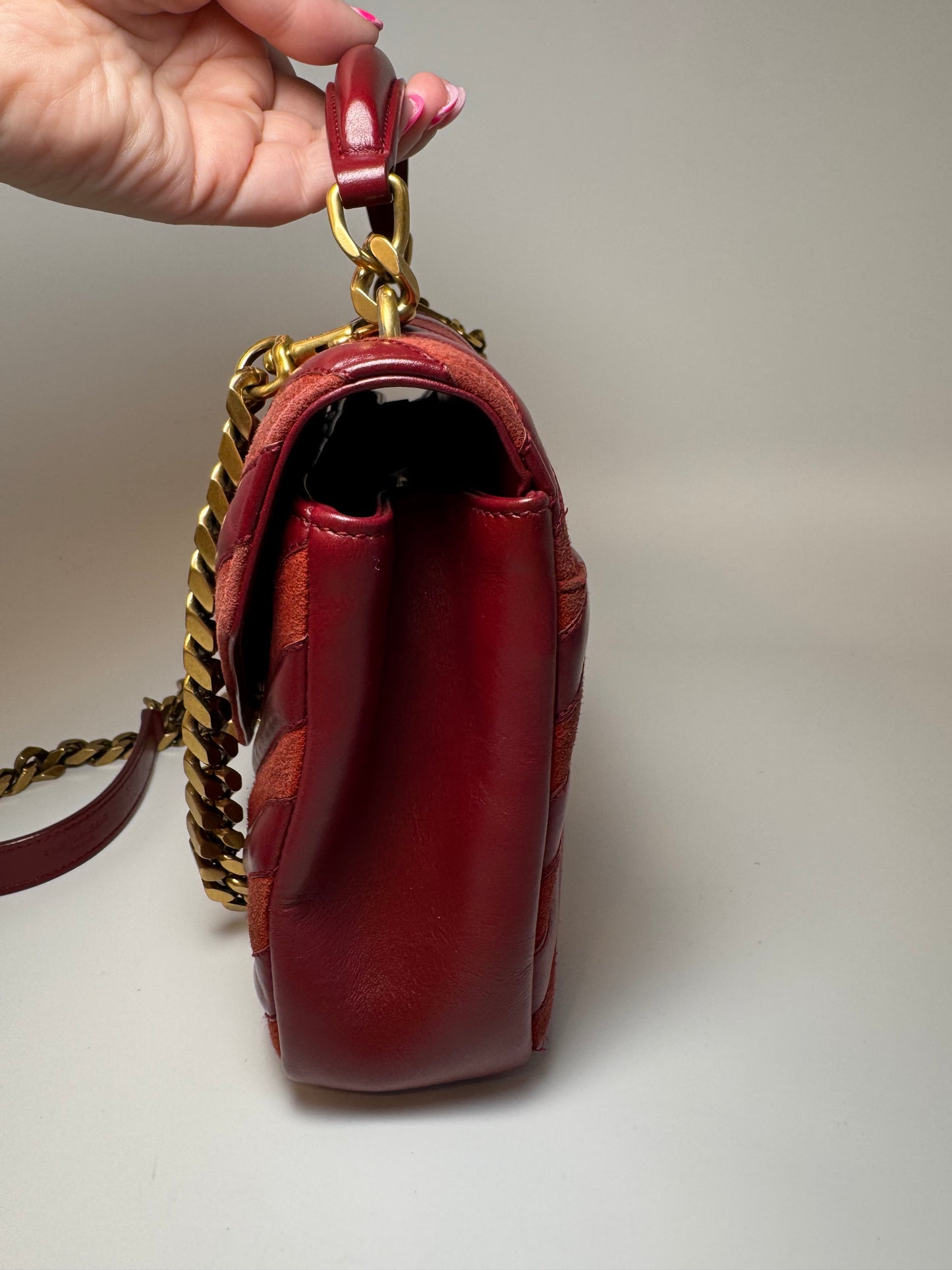 Saint Laurent YSL Red Suede & Leather Matelassé Chevron Medium College Bag Gold