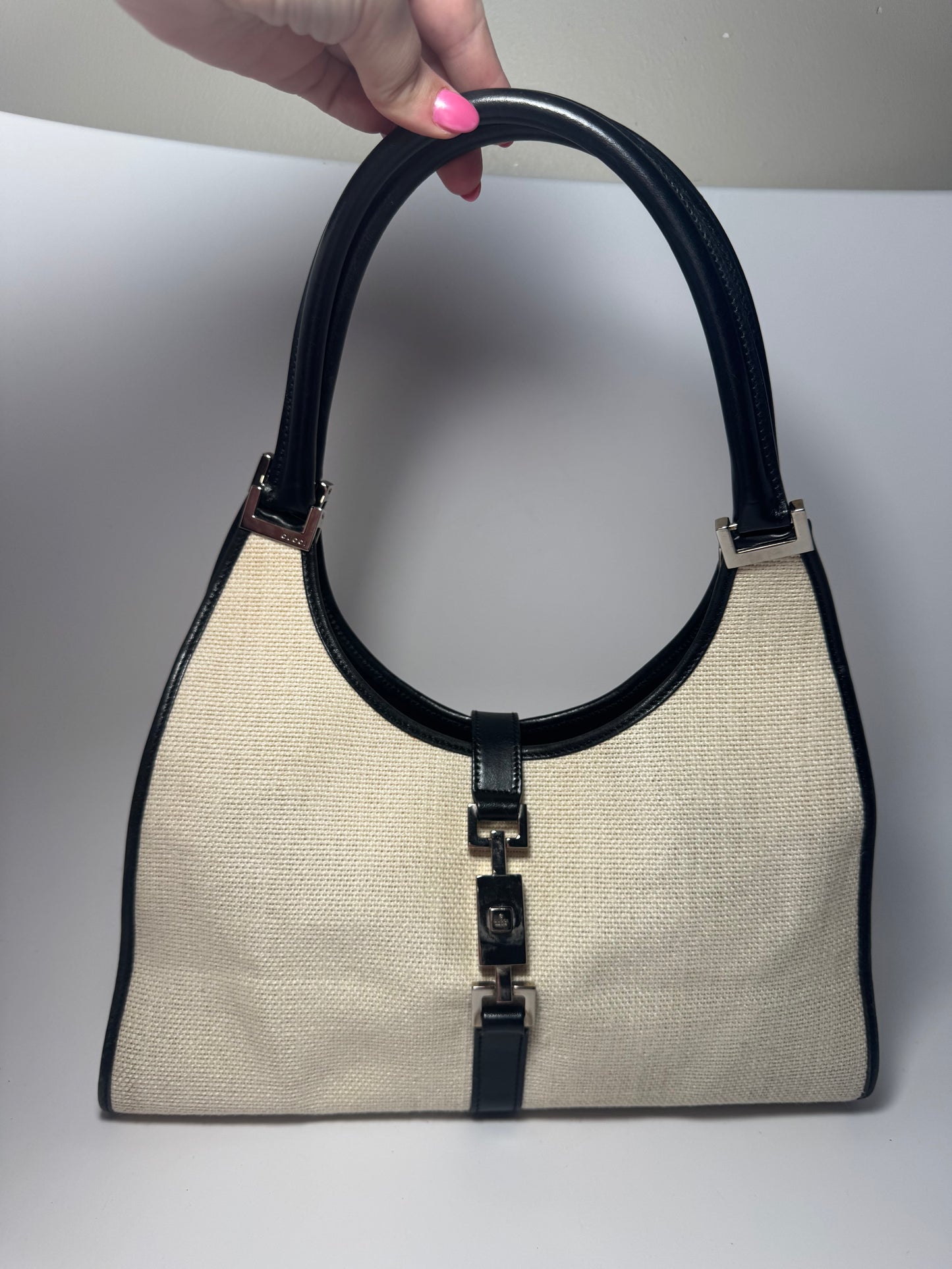 Gucci Jackie Bardot Piston Lock Hobo Black & White Cloth & Leather