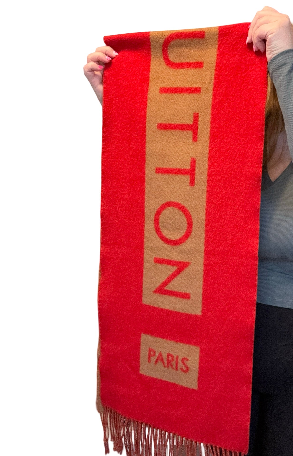 Louis Vuitton Red & Camel Double-Sided 100% Cashmere Winter Scarf Luxury Fashion