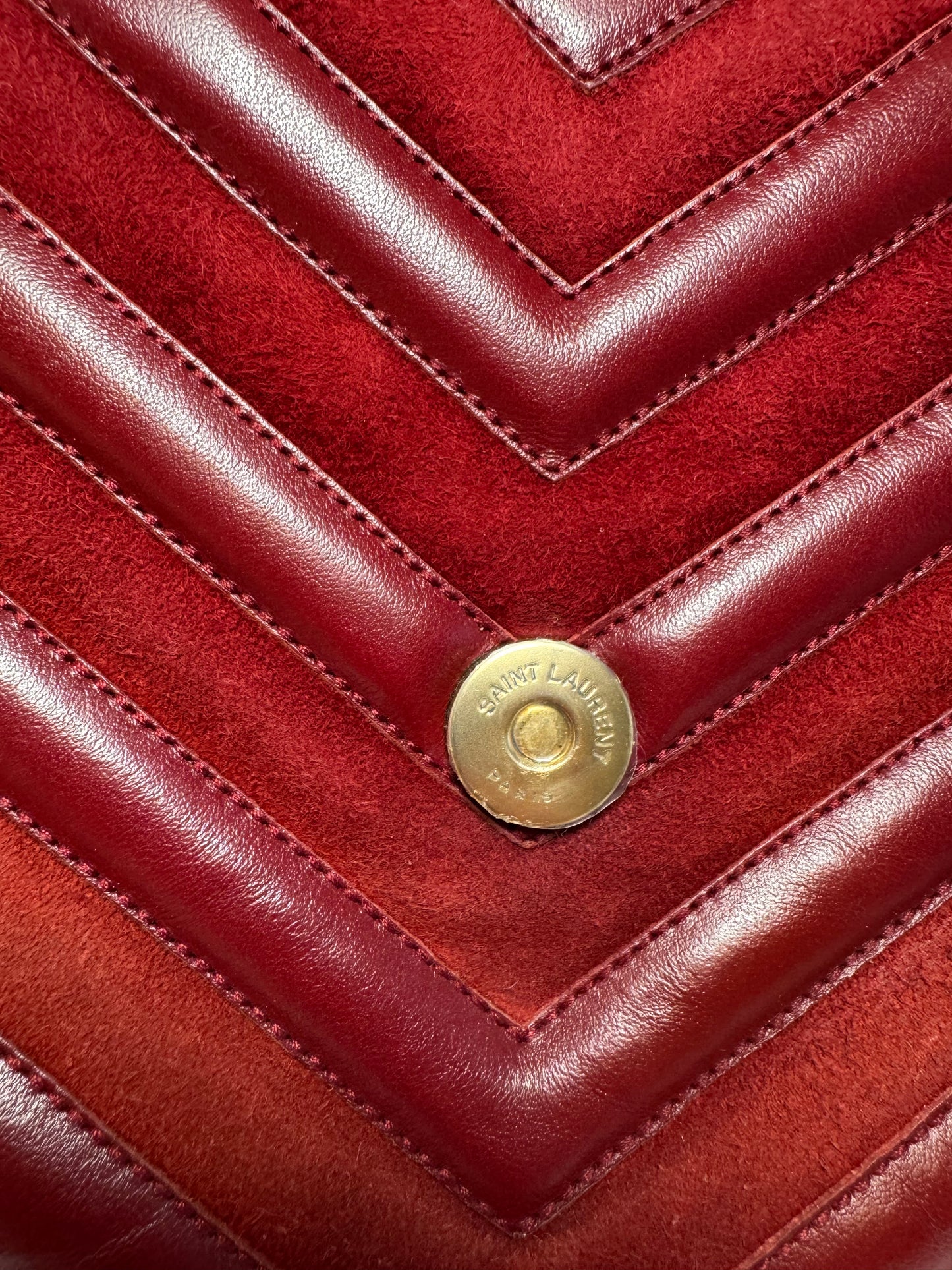 Saint Laurent YSL Red Suede & Leather Matelassé Chevron Medium College Bag Gold