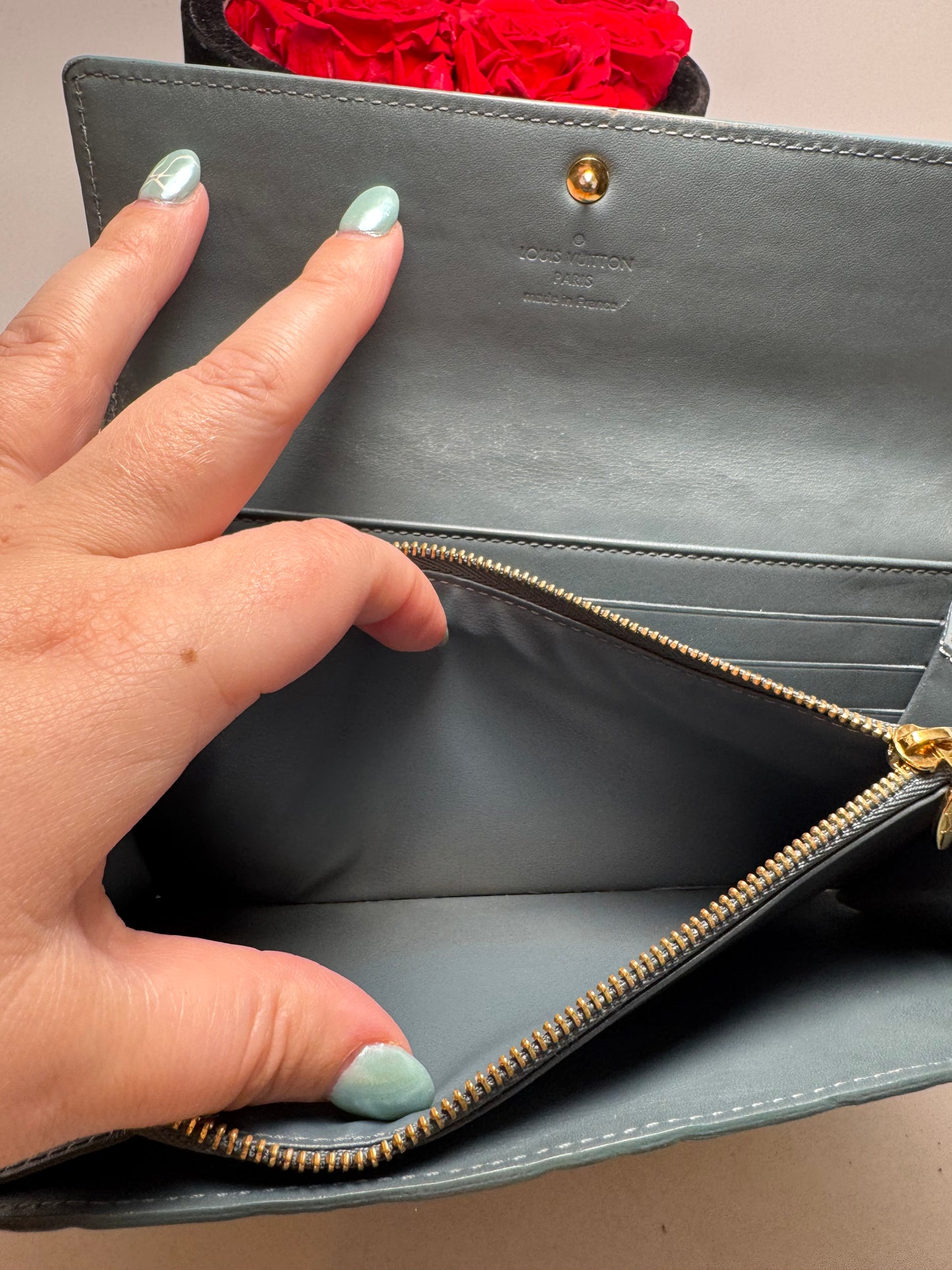 Louis Vuitton Moss Green Vernis Leather Wallet w/Blue Interior