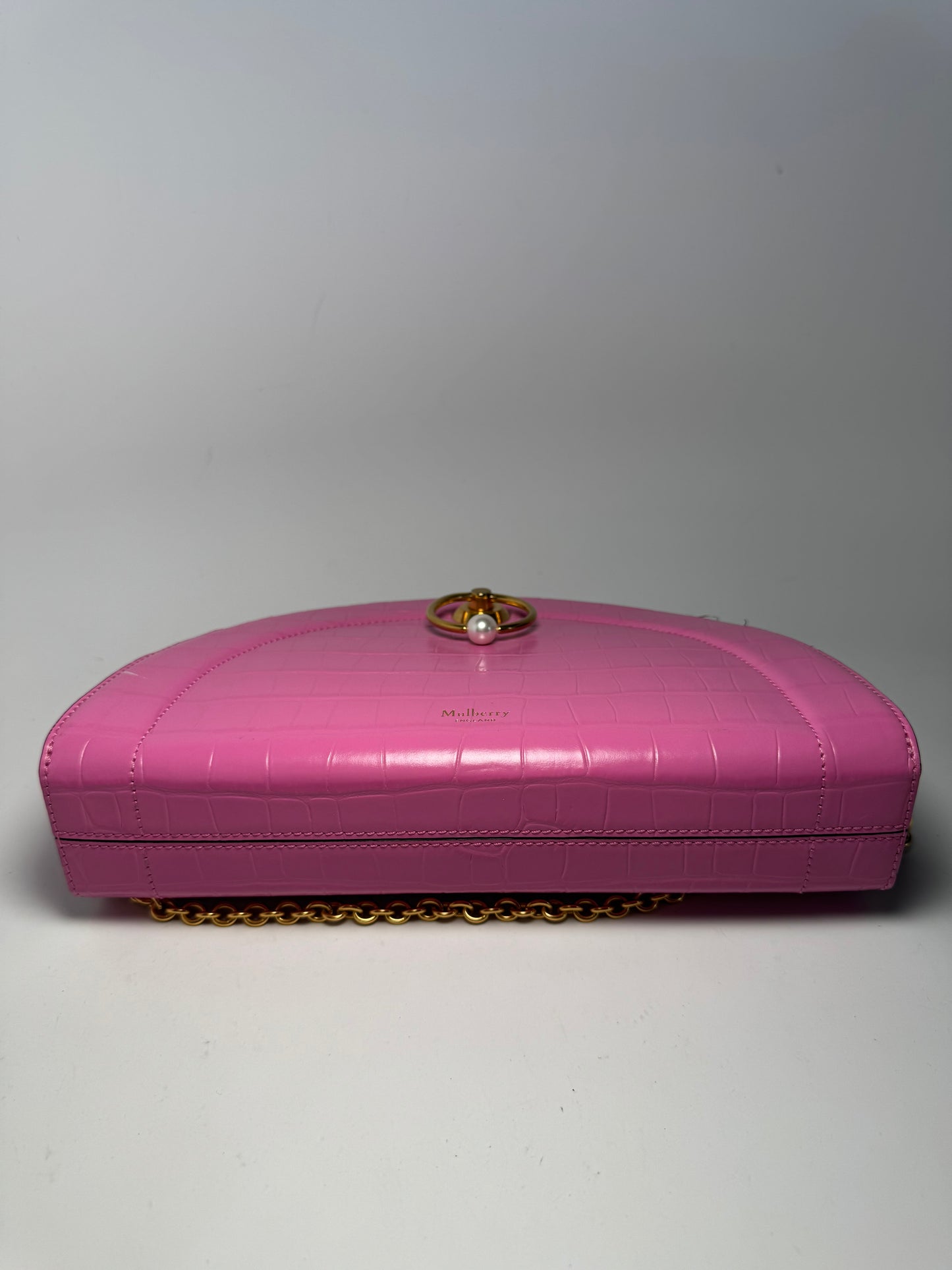 Mulberry Crocodile Embossed Calfskin Crescent Clutch Pink Pearl Shoulder Bag