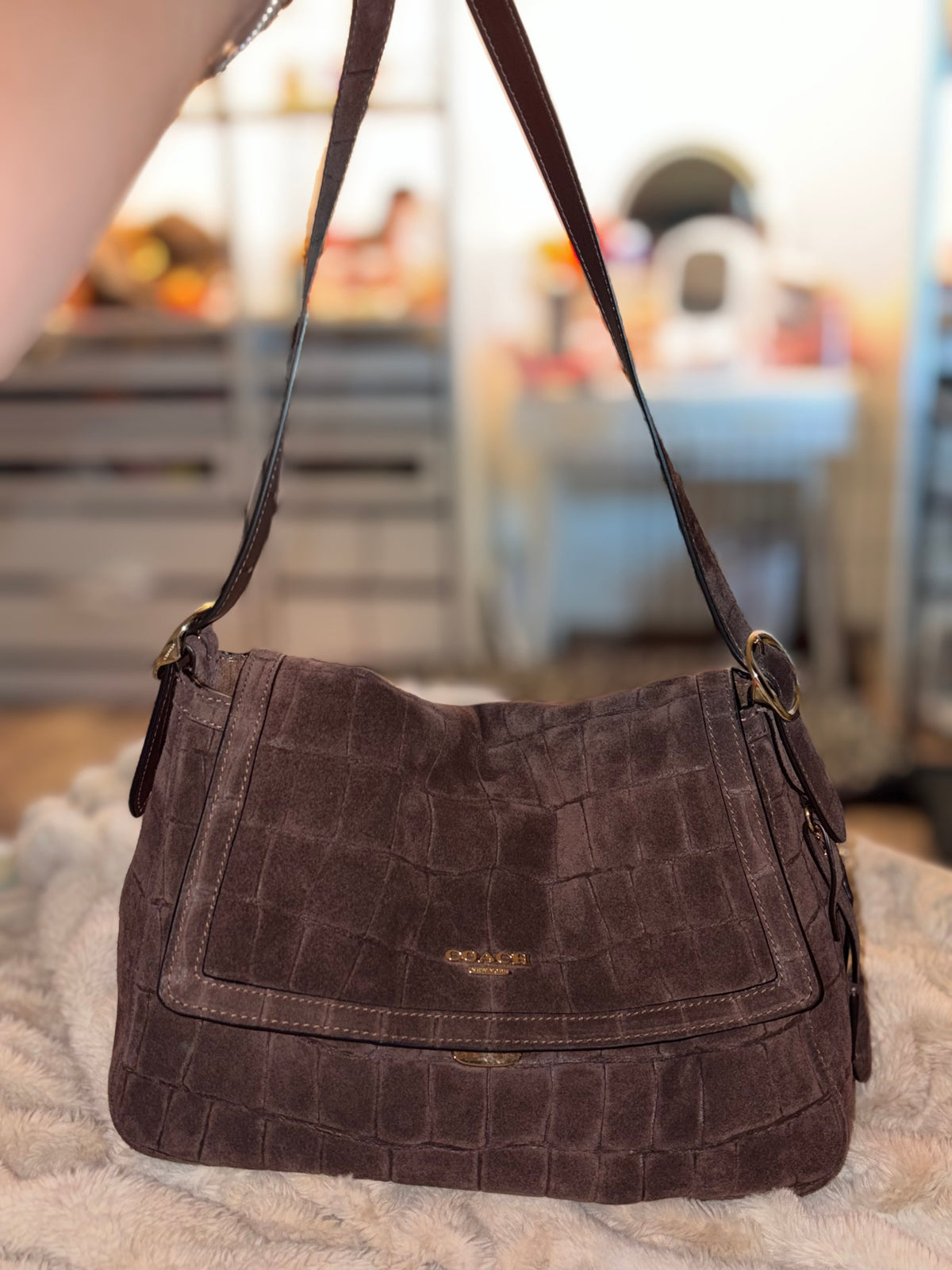 Coach Croc Embossed Brown Suede Shoulder Bag