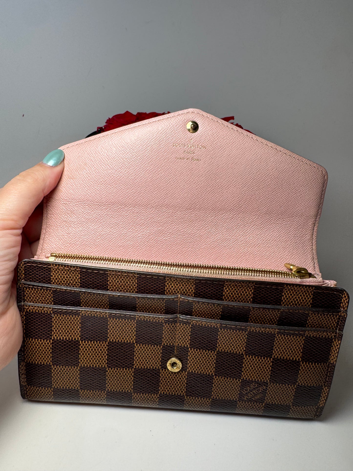 Louis Vuitton Damier Ebene Sarah Wallet w/Ballerine Pink Interior