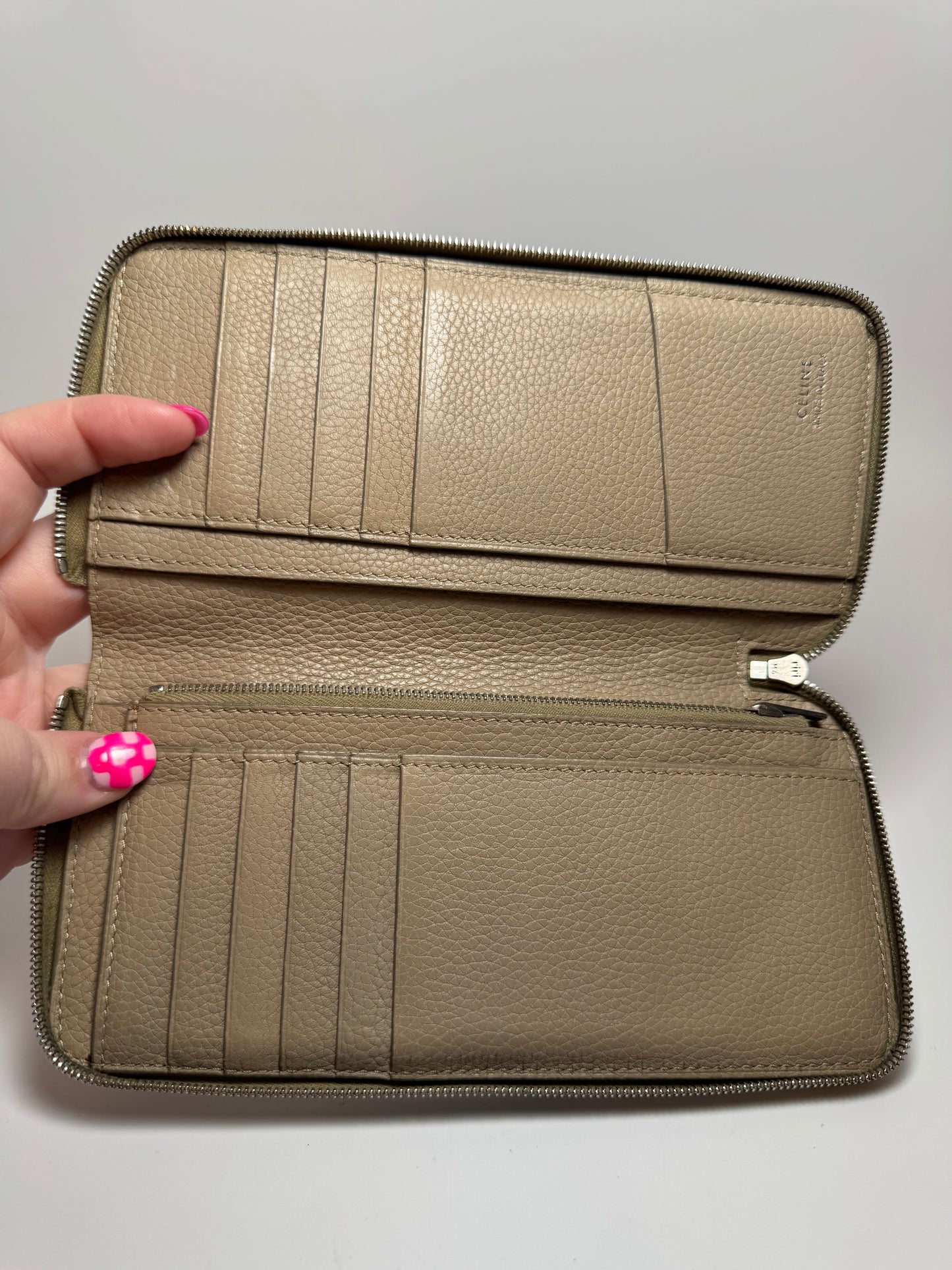 Celine Portefeuille Zip Around Taupe Pebbled Leather Wallet Luxury Wallet