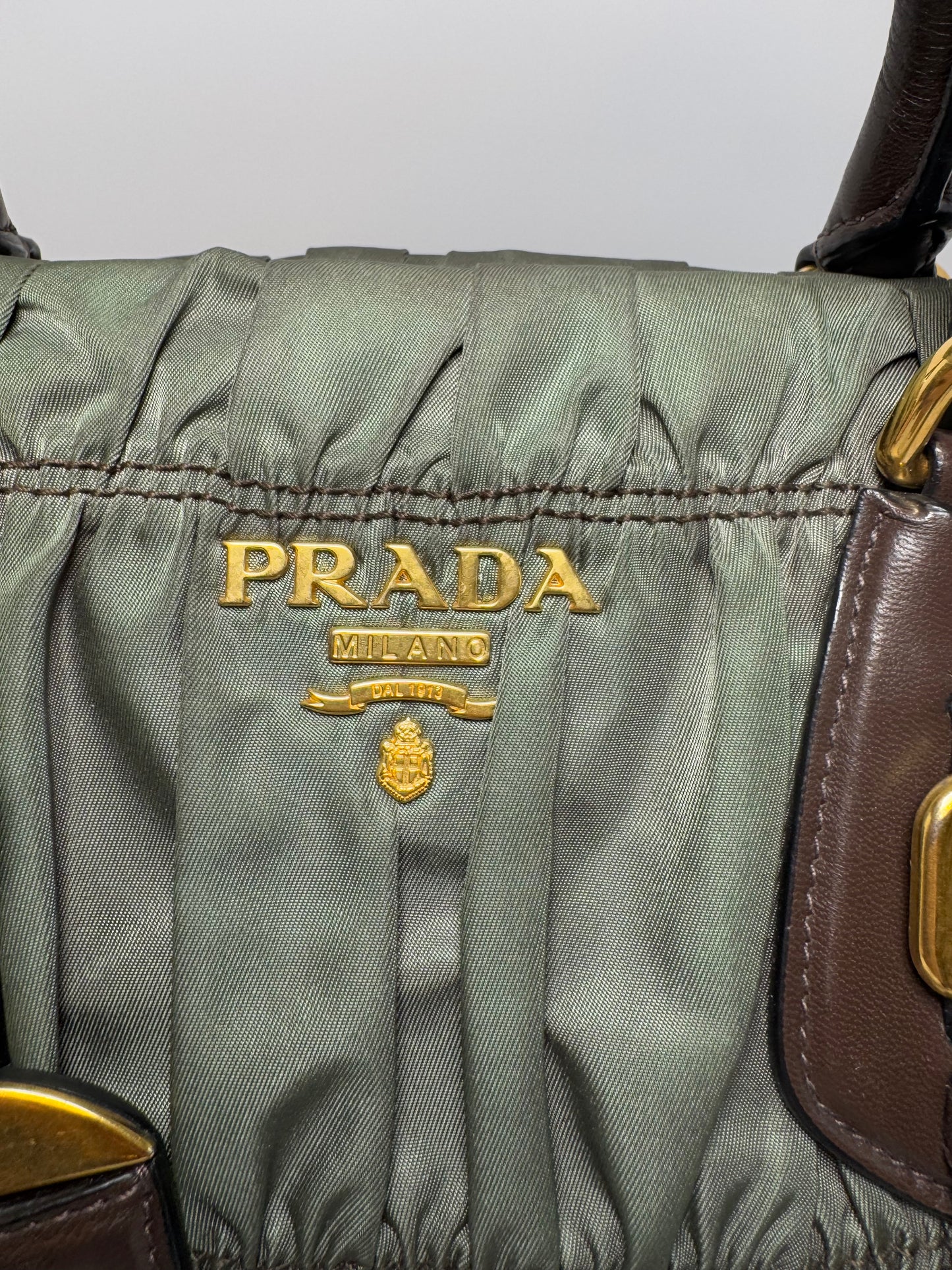Prada Tessuto Gaufre Olive Green & Brown Leather Satchel/Crossbody