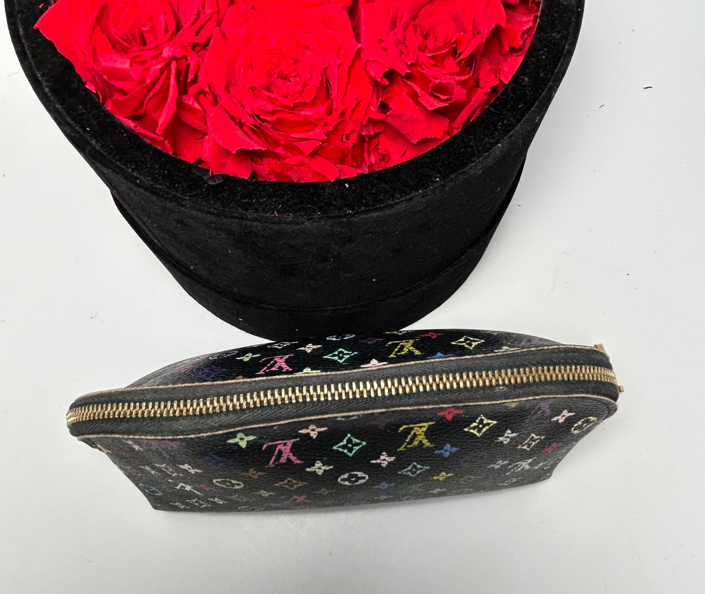 Louis Vuitton Takashi Murakami Black Multicolore Monogram Cosmetic Pouch w/Hot Pink Interior