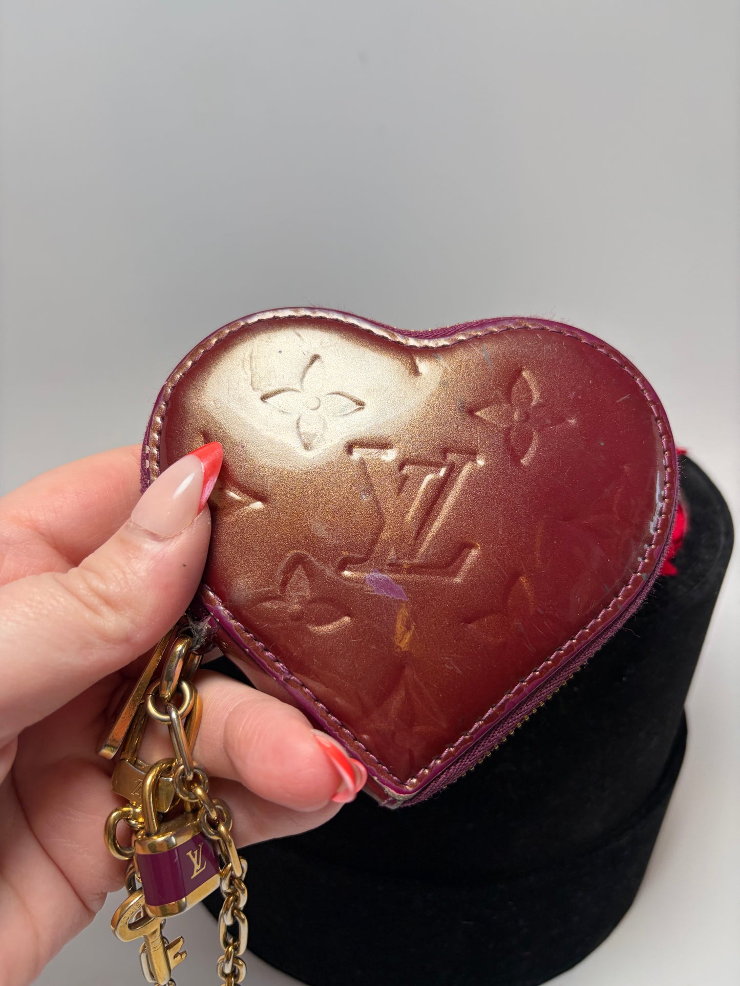Louis Vuitton Monogram Vernis Heart Coin Purse in Amarante Color