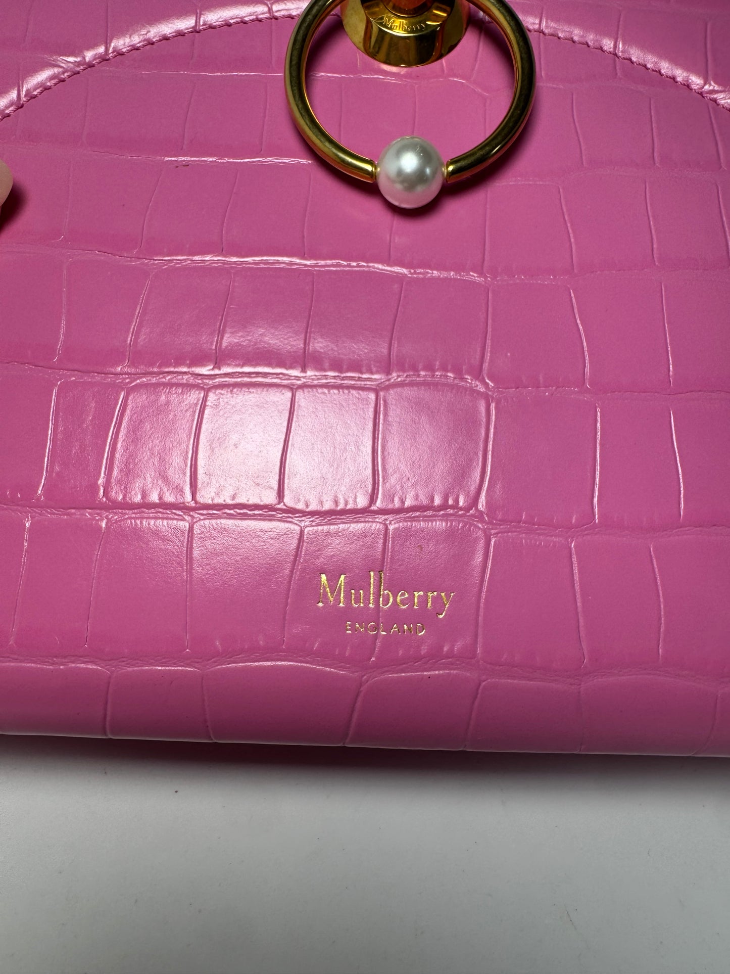 Mulberry Crocodile Embossed Calfskin Crescent Clutch Pink Pearl Shoulder Bag