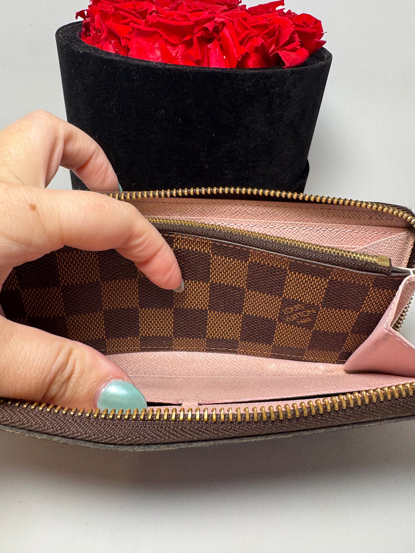 Louis Vuitton Damier Ebene Clémence Wallet w/Ballerine Pink Interior