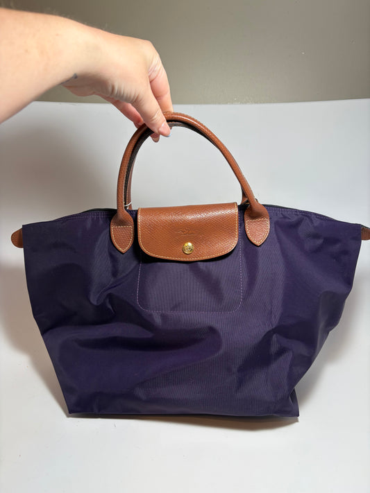 Longchamp Le Pliage Medium Plum Satchel with Leather Handle