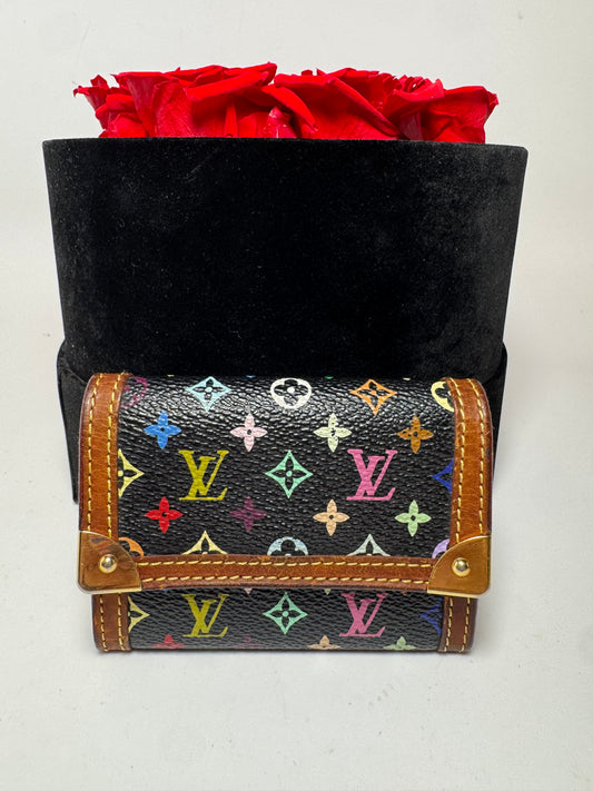 Louis Vuitton x Murakami Black Multicolor Monogram Porte Monnaie Plat Coin Purse Wallet