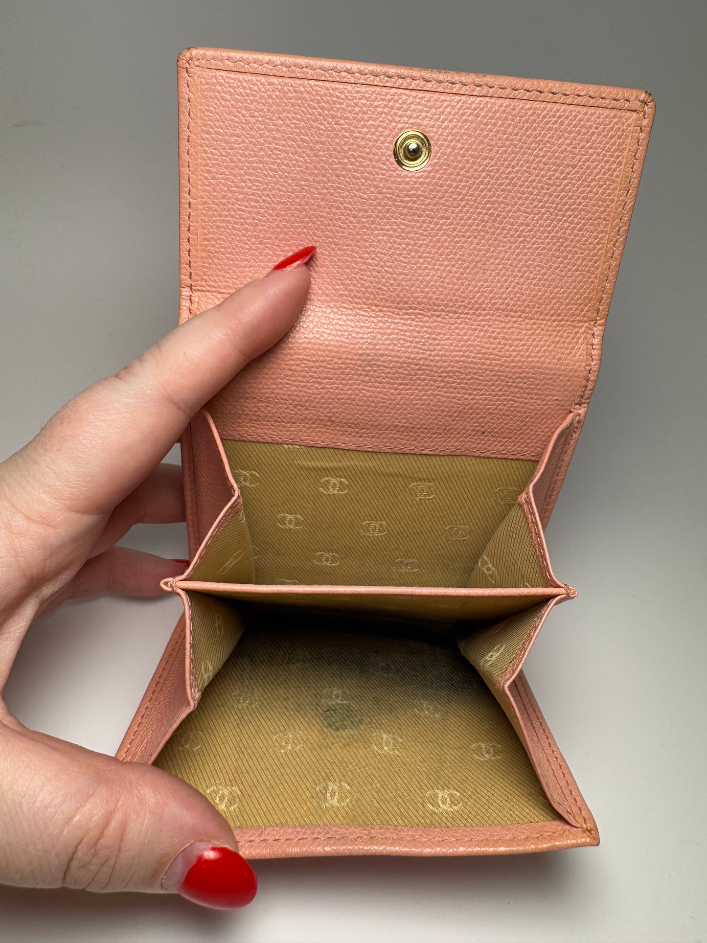 Chanel Vintage Button Line Pink Snap Compact Wallet Coco Mark Trifold