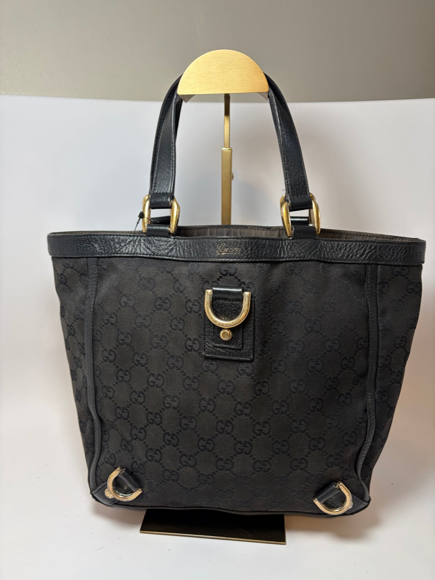 Gucci Abbey Tote Black GG Monogram Canvas & Leather comes with certificate of authenticity from Entrupy
