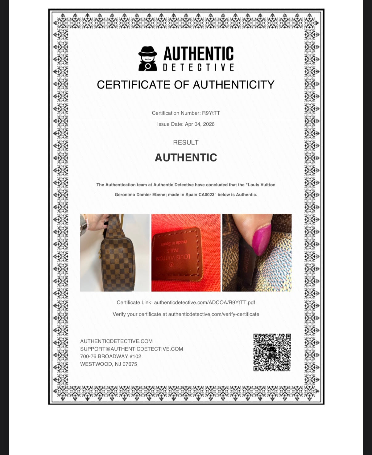 Louis Vuitton Damier Ebene Geronimo Bum Bag/Belt Bag w/COA