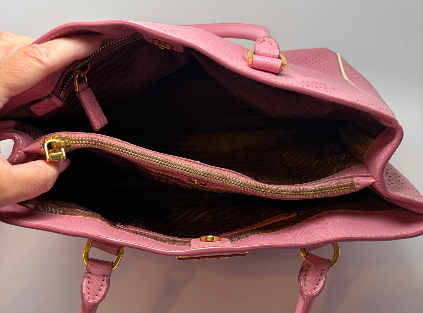 Prada Galleria Pink Perforated Leather Bag with Leather w/ Strap
