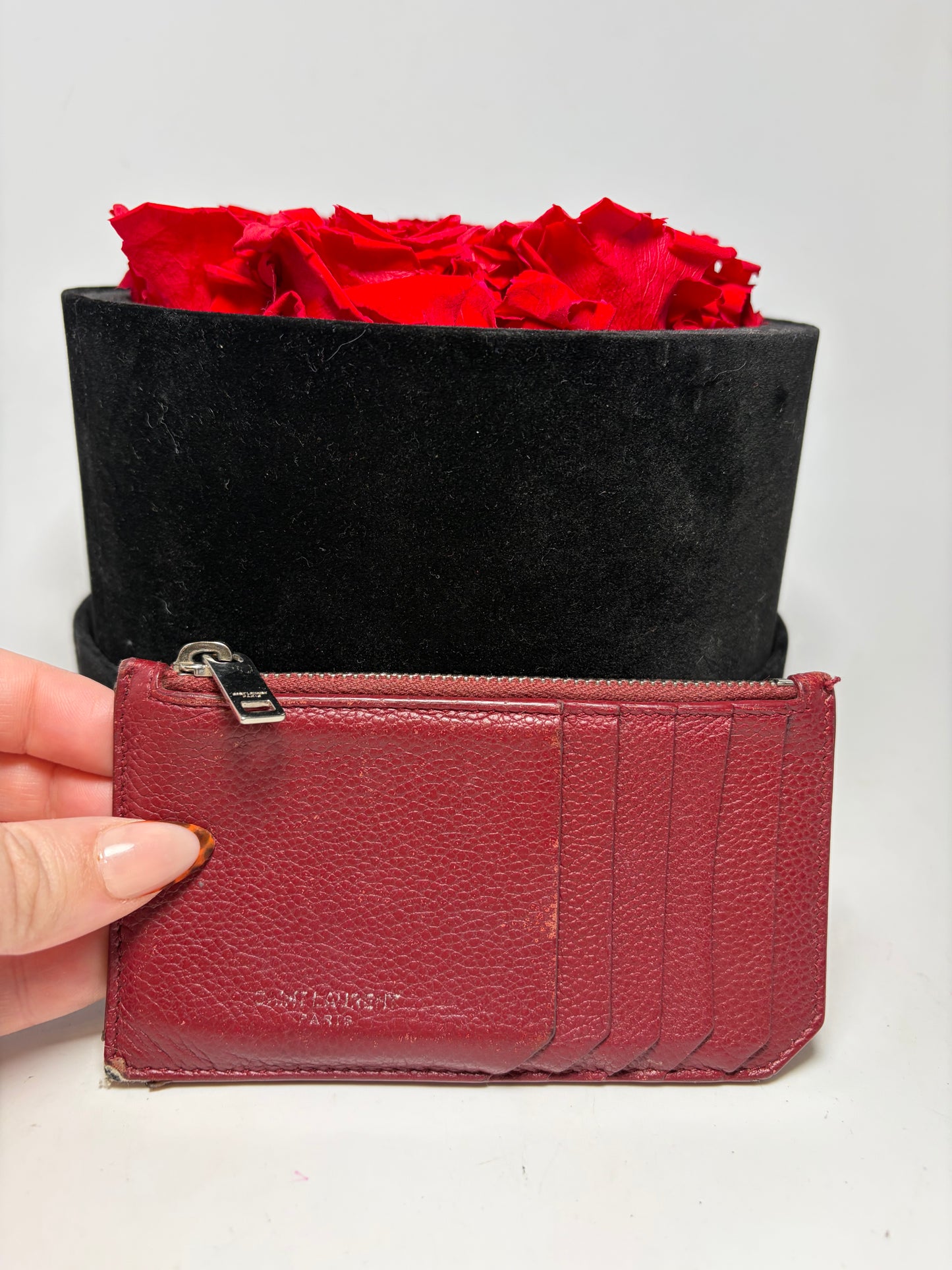 Saint Laurent Burgundy Pebble Leather Card Holder Wallet- Fair Condition