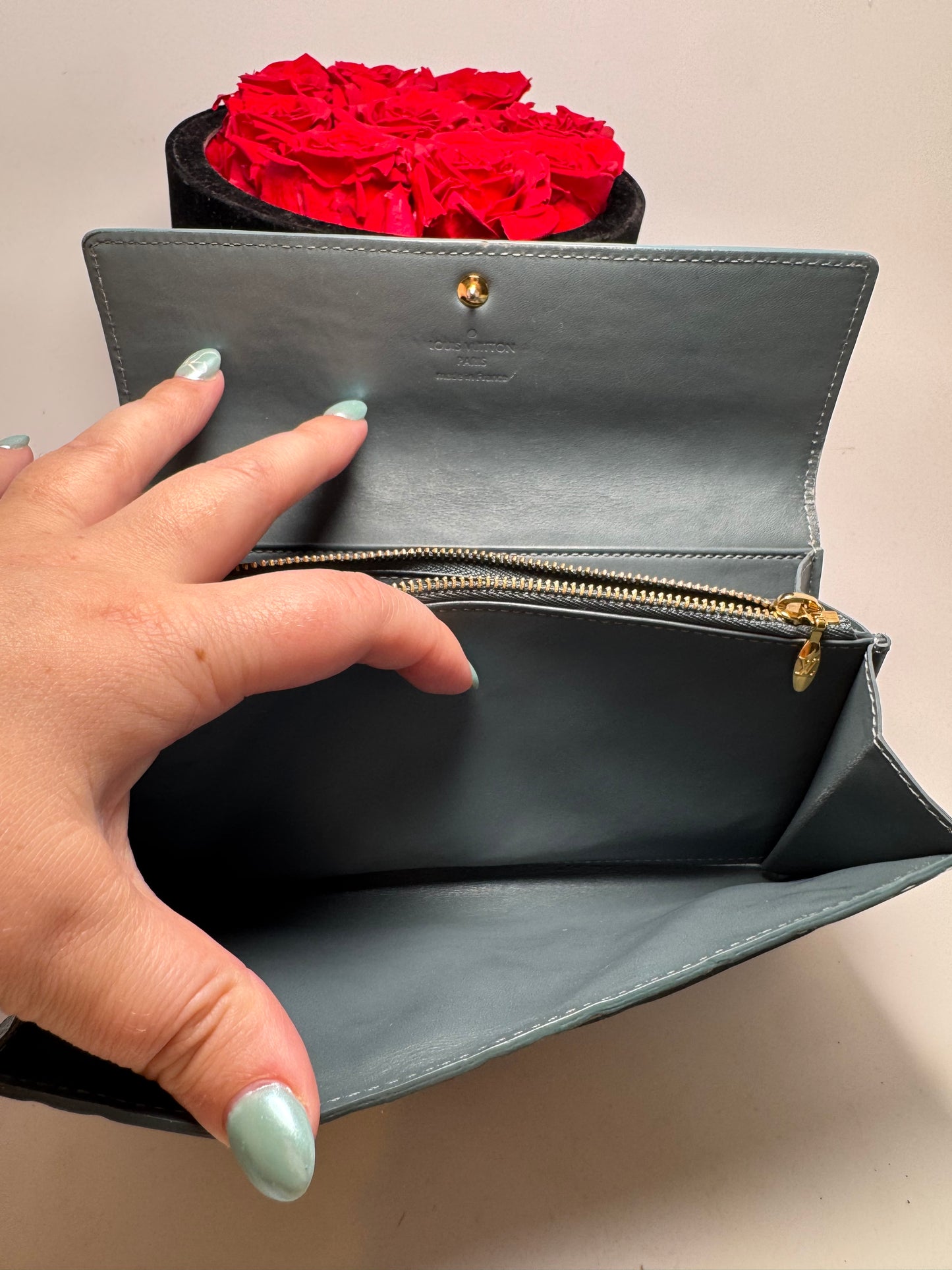 Louis Vuitton Moss Green Vernis Leather Wallet w/Blue Interior