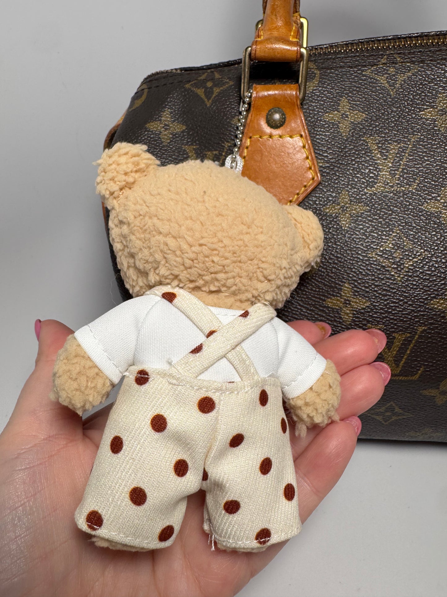 Teddy Bear Bag Charm w/Polka Dot Overalls | Plushy Bag Charm NEW Coquette Y2K- Non branded
