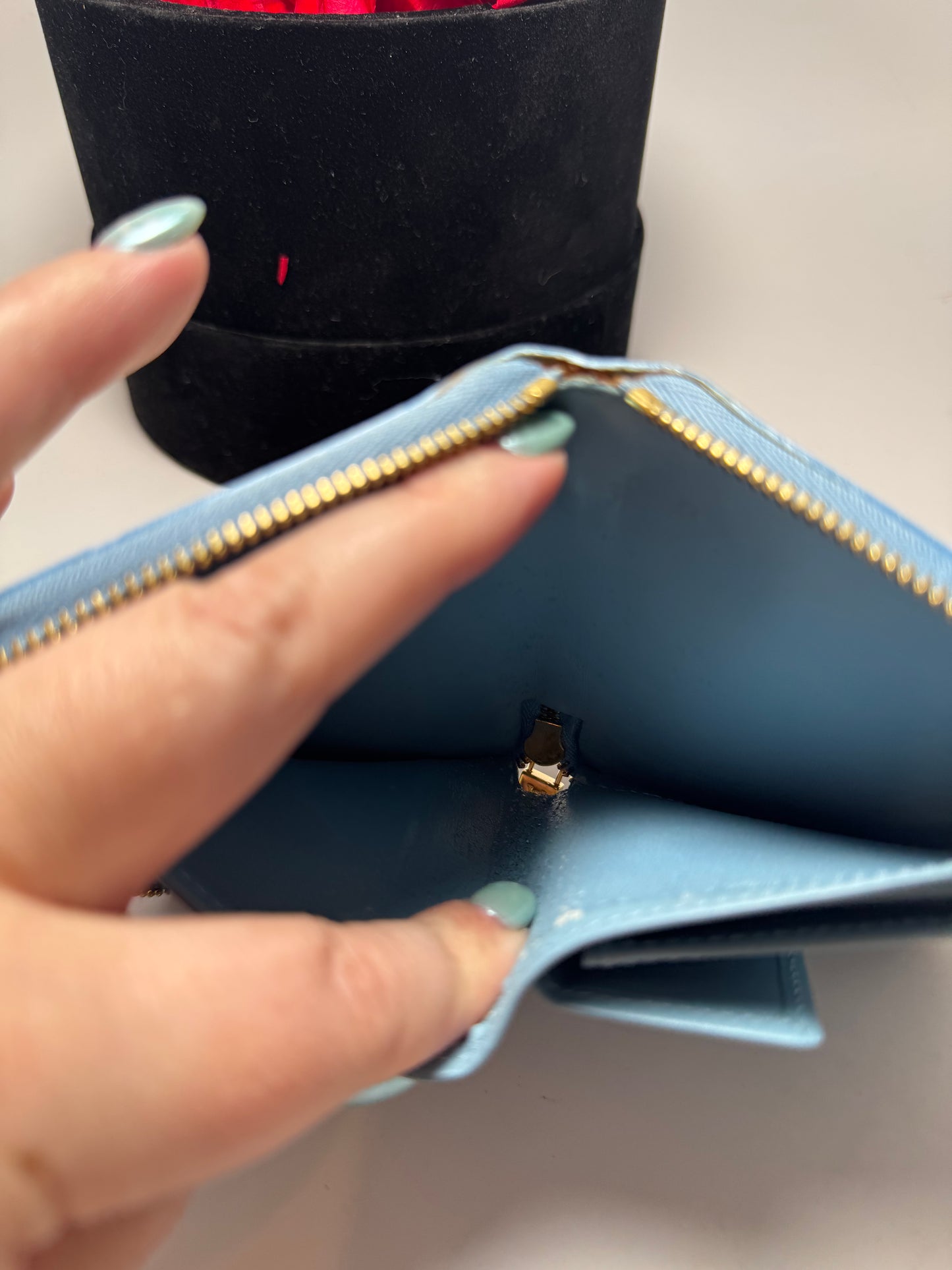 Louis Vuitton Green Vernis Zippy Compact Wallet W/ Blue Leather Interior