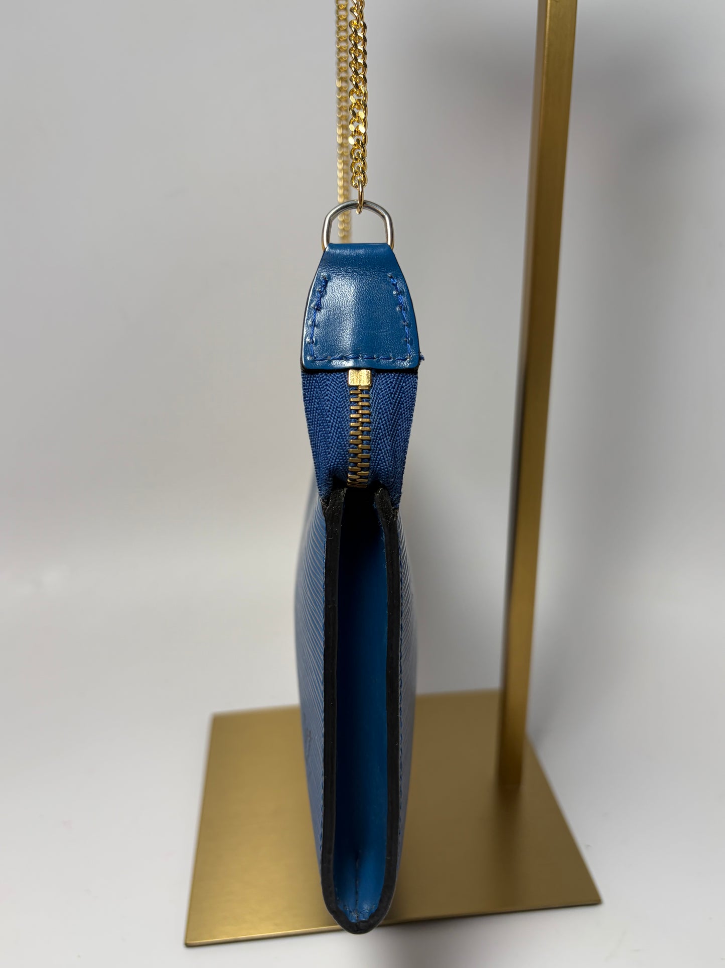 Louis Vuitton Pouch Pochette Accessories in Blue Epi Leather with LV Gold Chain